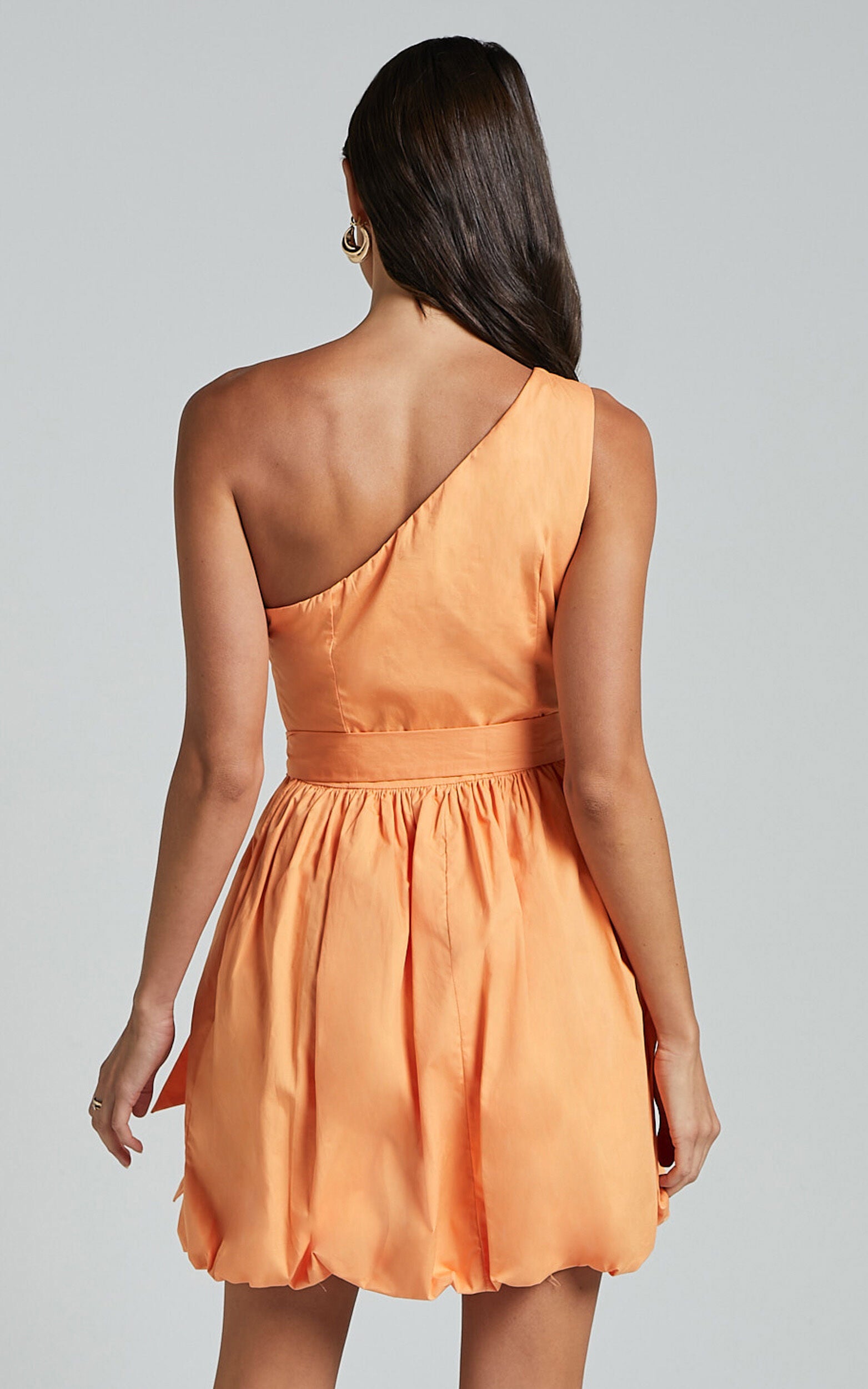 Jovette Mini Dress - One Shoulder Tie Waist Bubble Hem Dress in Apricot