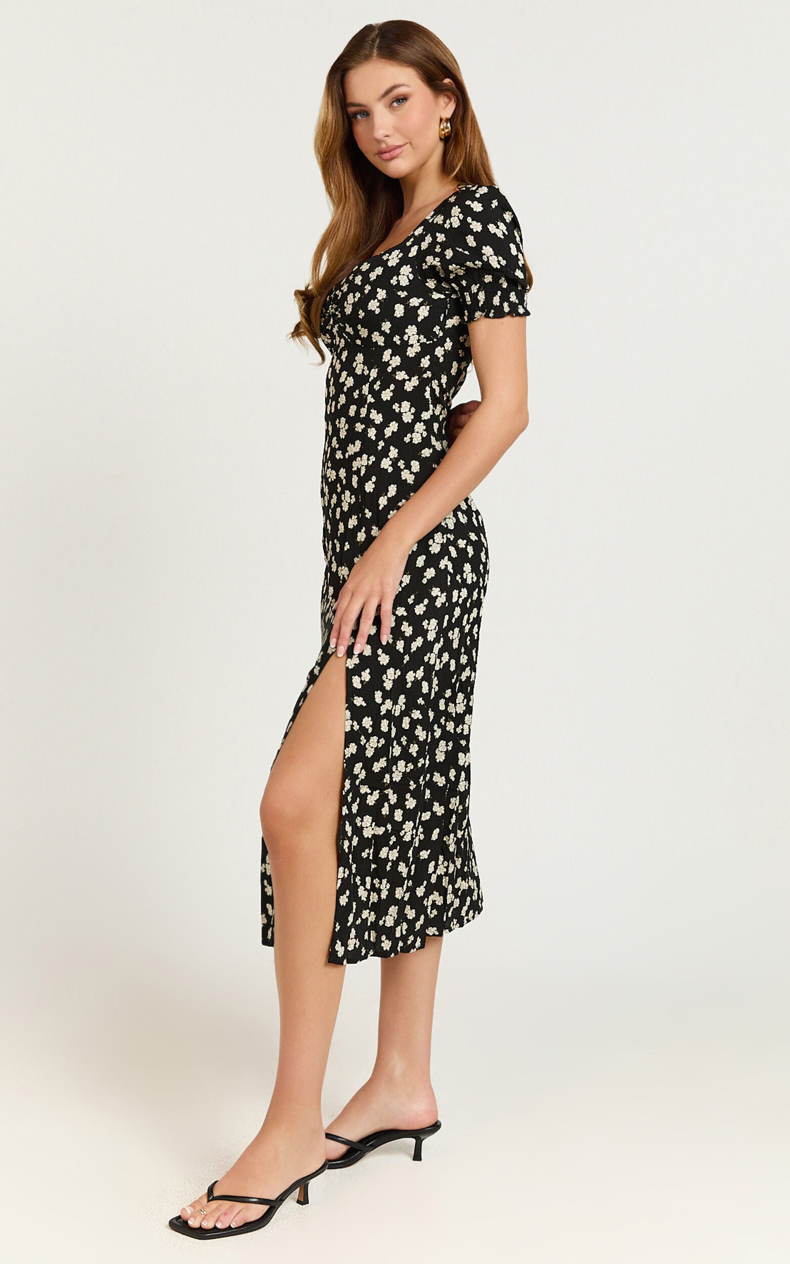 Marcel Midi Dress - Sweetheart Puff Sleeve Thigh Split Dress in Black Wildflower
