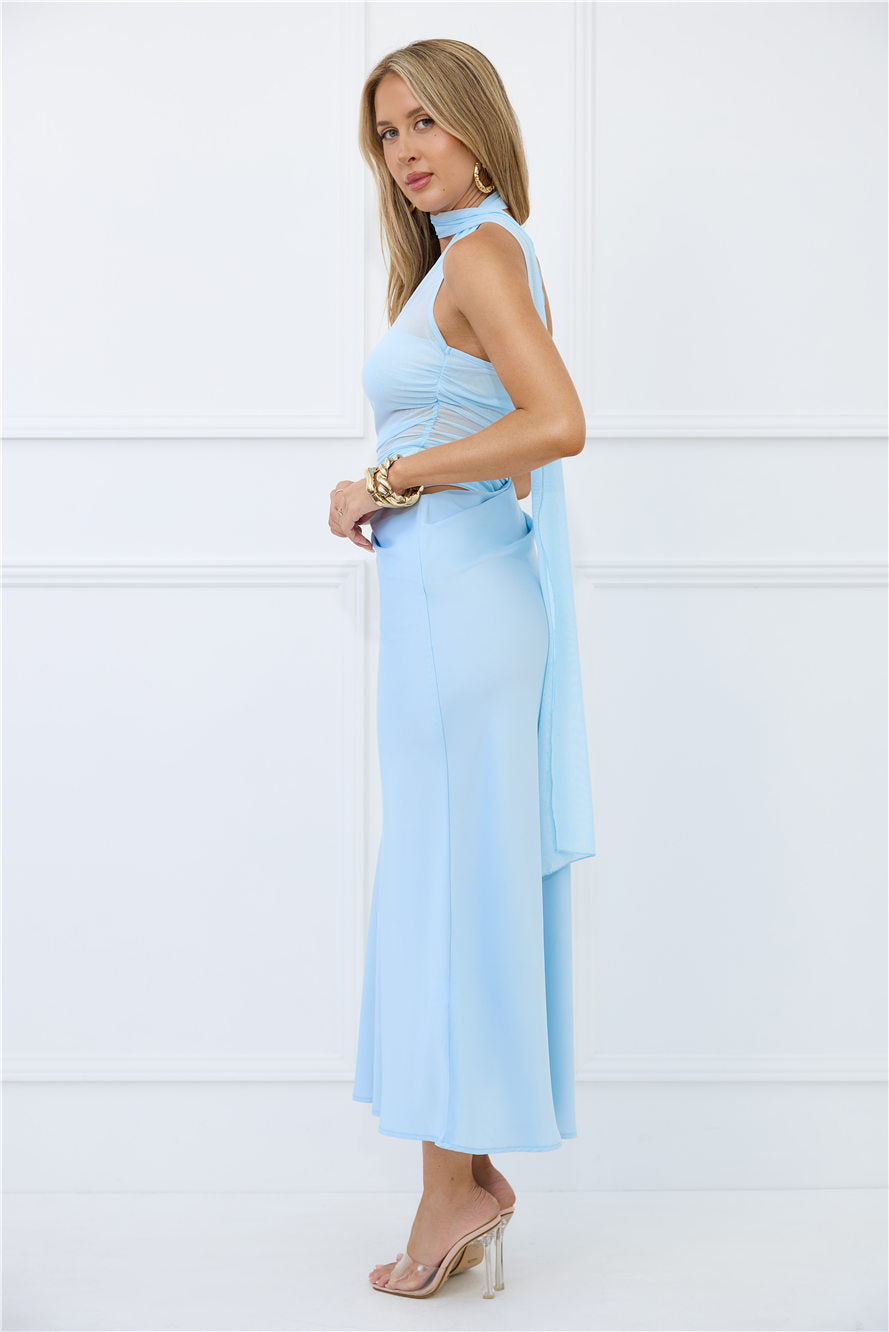 Sapphire Diva Halter Mesh Satin Maxi Dress Blue