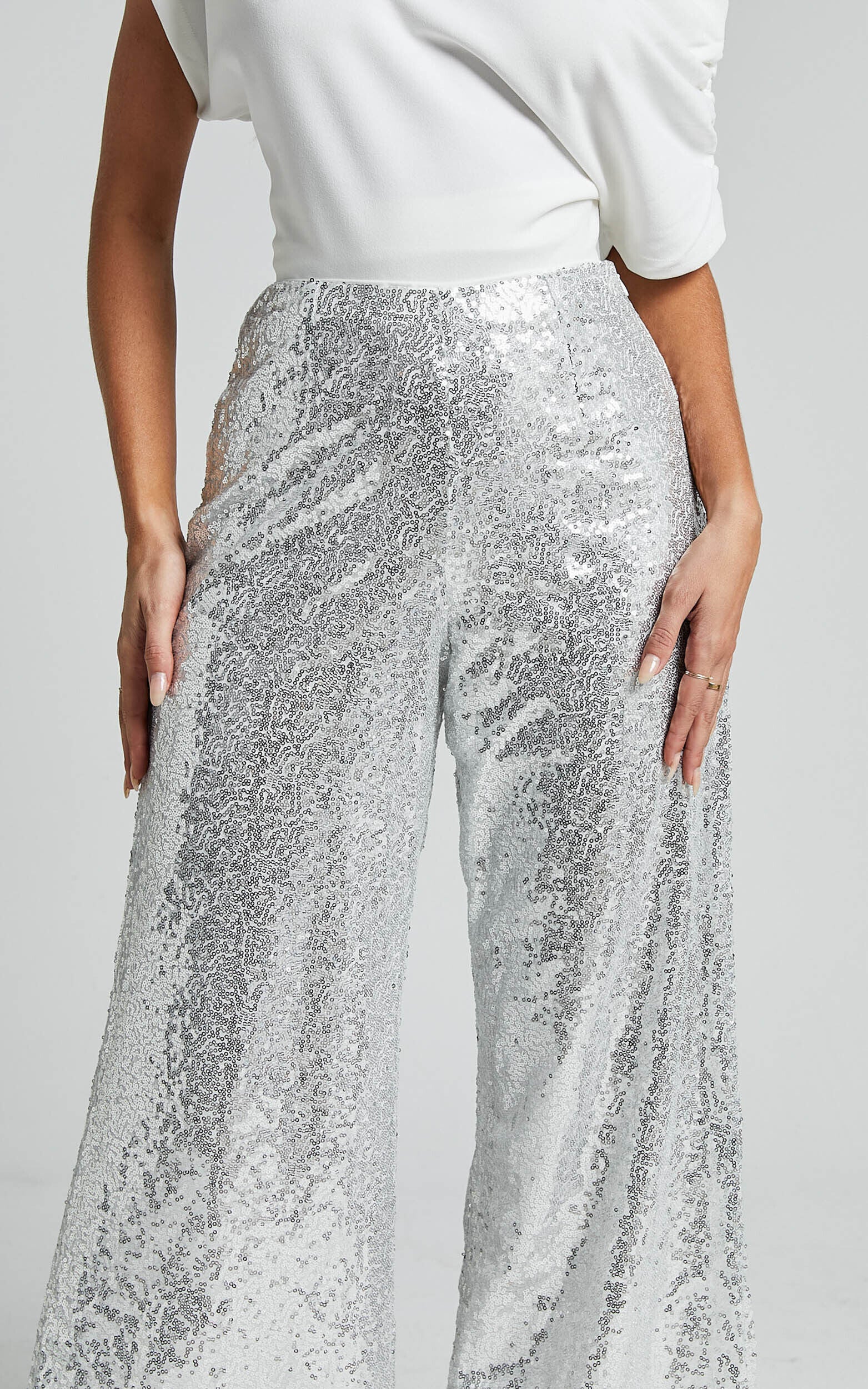 Looma Sequin Pants - High Waisted Super Wide Leg Pants in Silver