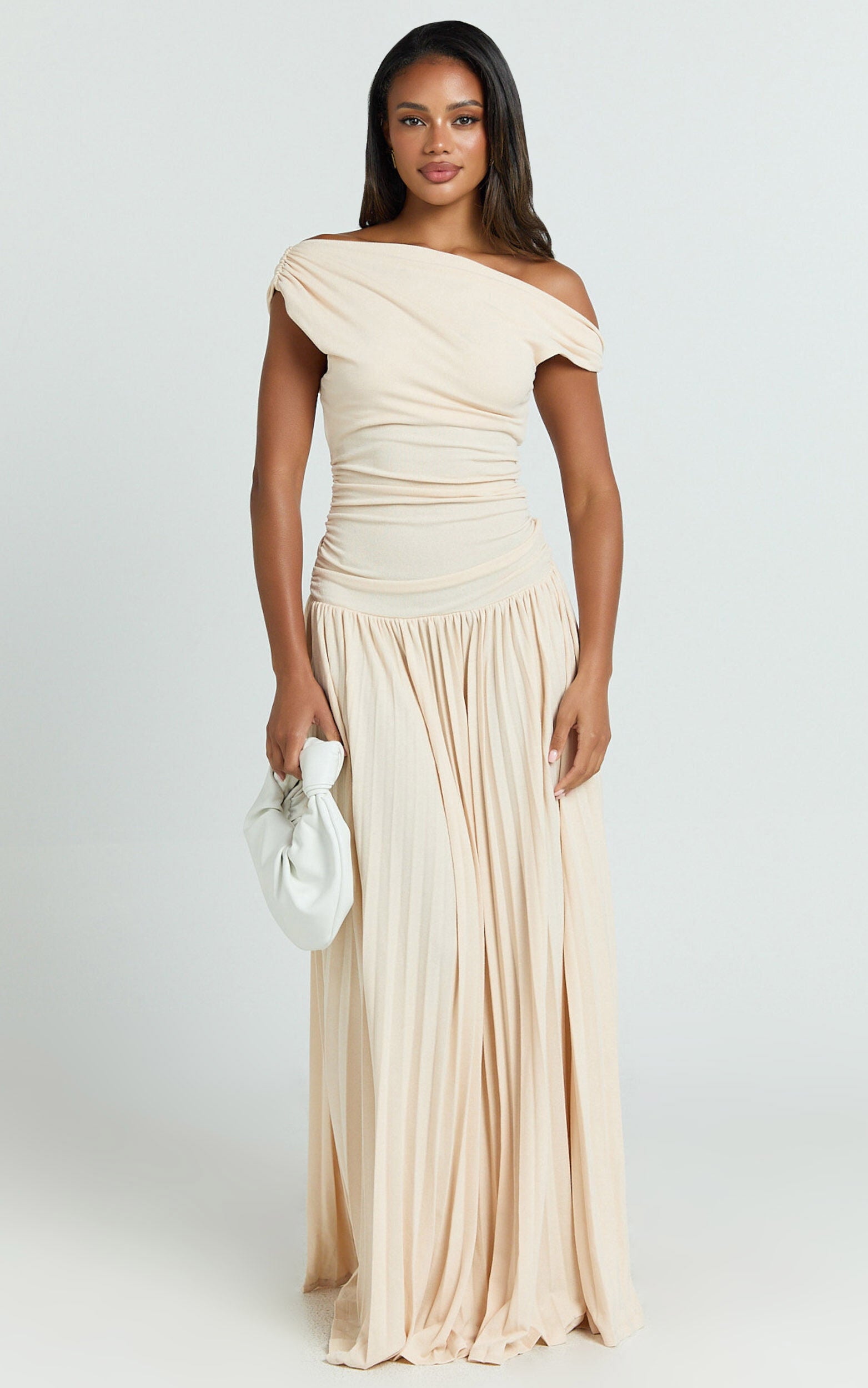 Yvonne Maxi Dress - Jersey Tip Shoulder Ruched Dress in Off White