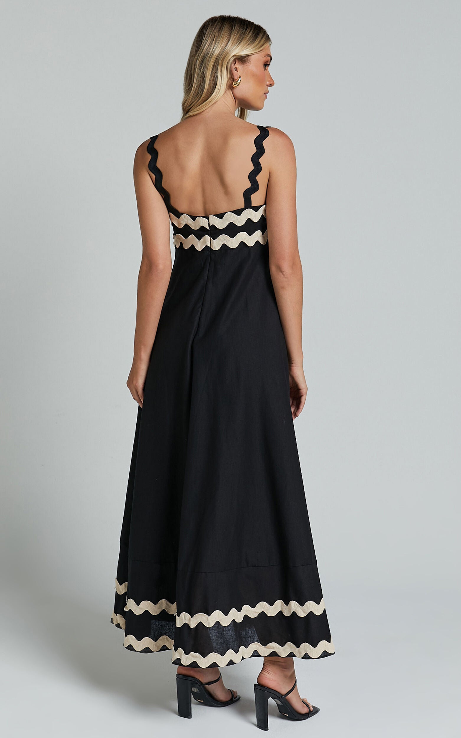 Wenalyn Midi Linen Dress - Straight Neck Wave Detail A Line Dress in Black with Beige Contrast Trim
