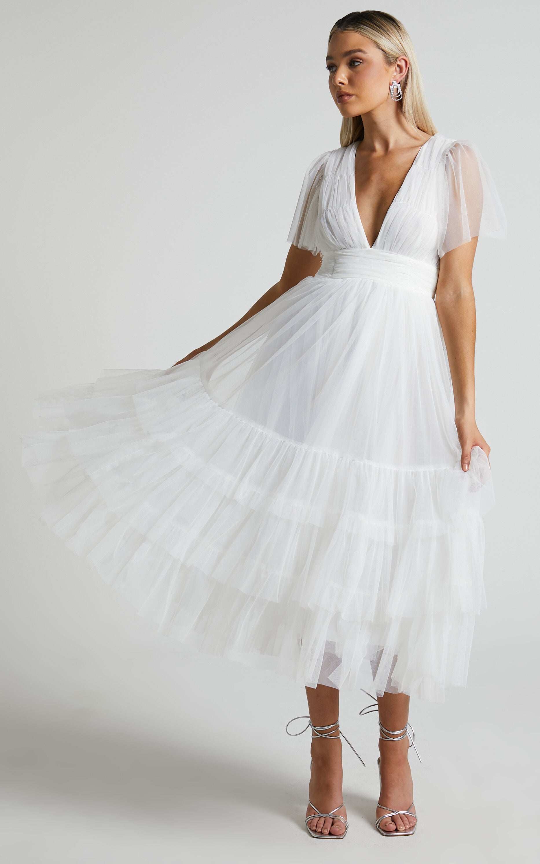 Jiraye Midi Dress - Flutter Sleeve Tuelle Plunge Dress in White