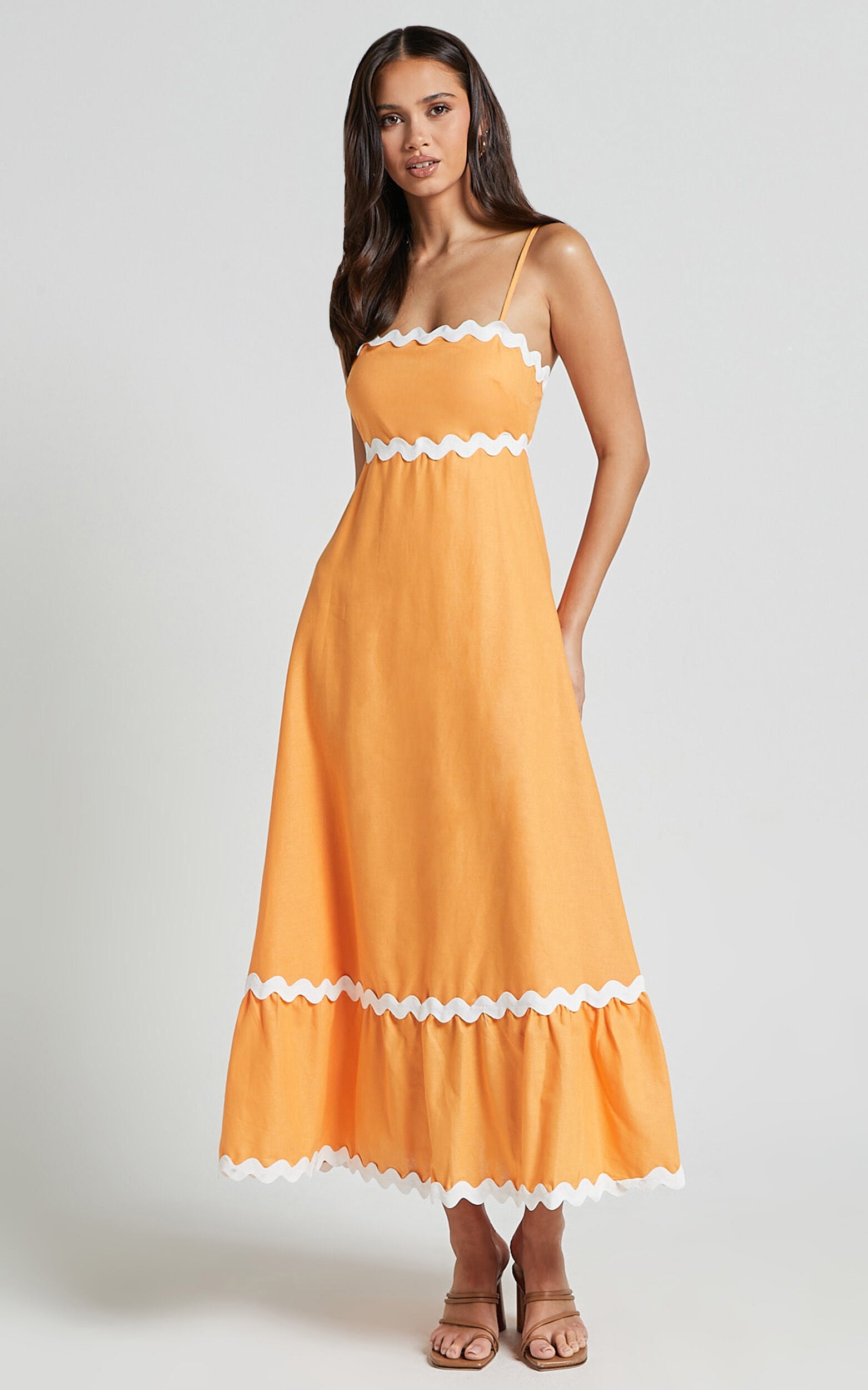 Moriseth Midi Dress - Linen Sleeveless Fit Flare Dress in Orange