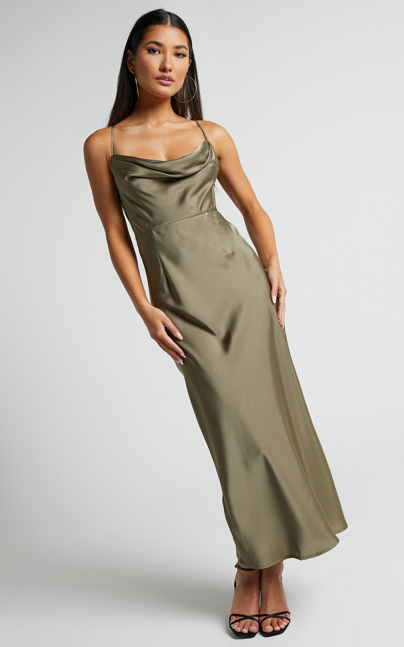 Nylah Cowl Neck Double Strap Satin Slip Midi Dress in Dark Olive