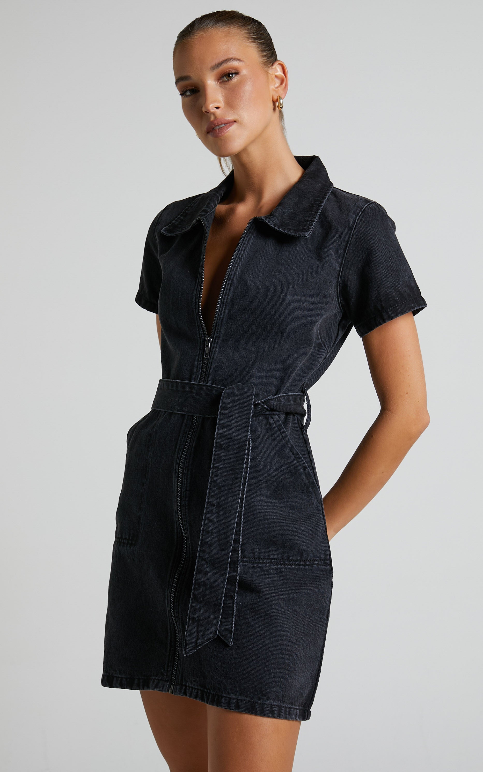 Nandini Mini Dress - Zip Through Denim Dress in Black Wash