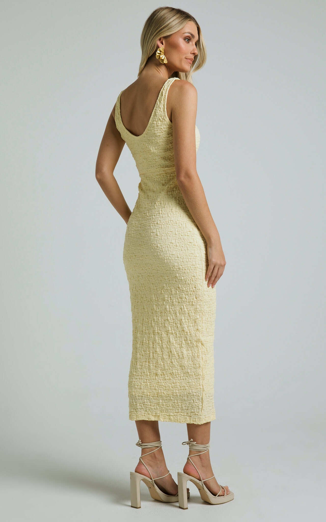 Novida Midi Dress - Textured Bodycon Dress in Butter Yellow