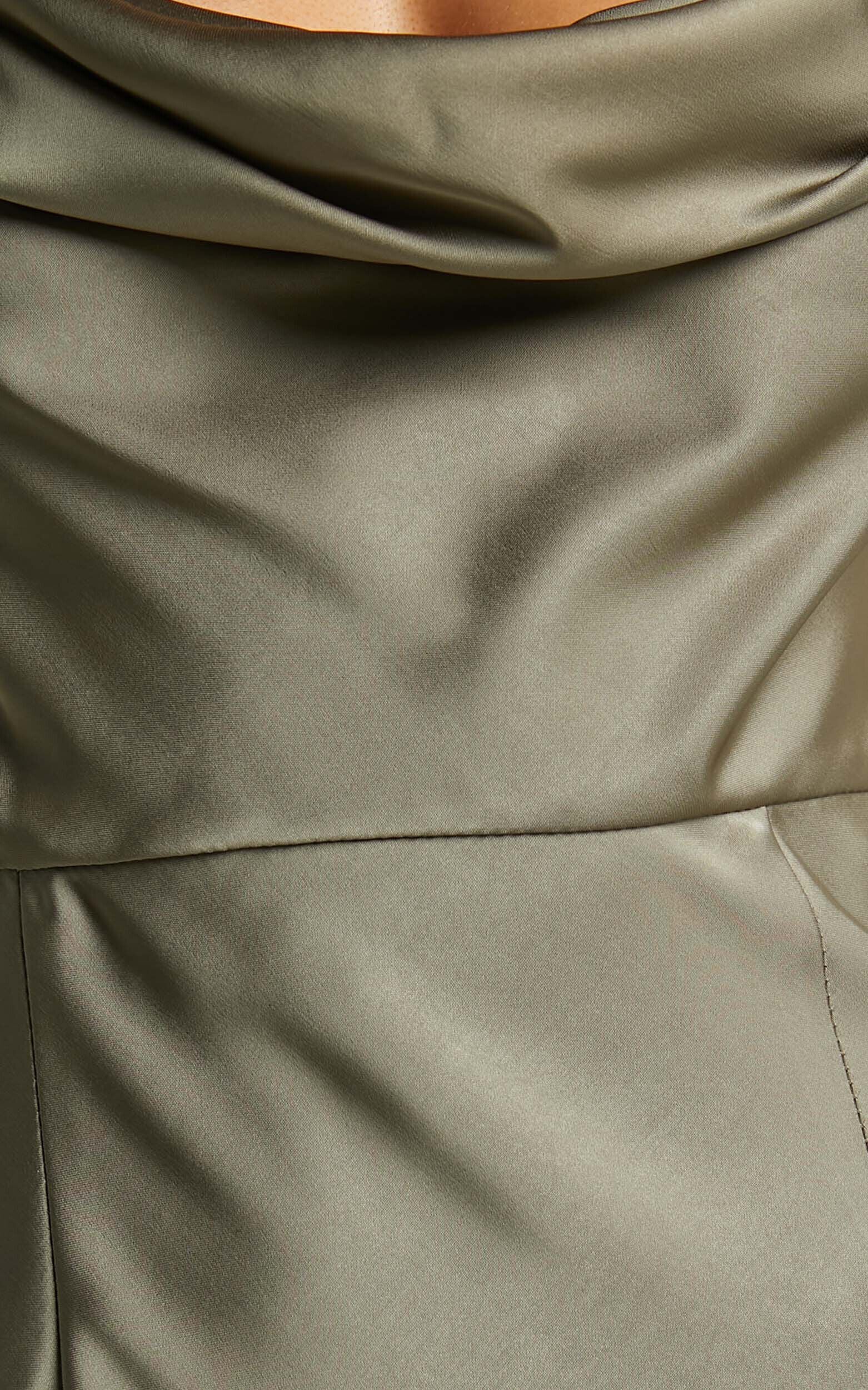 Nylah Cowl Neck Double Strap Satin Slip Midi Dress in Dark Olive