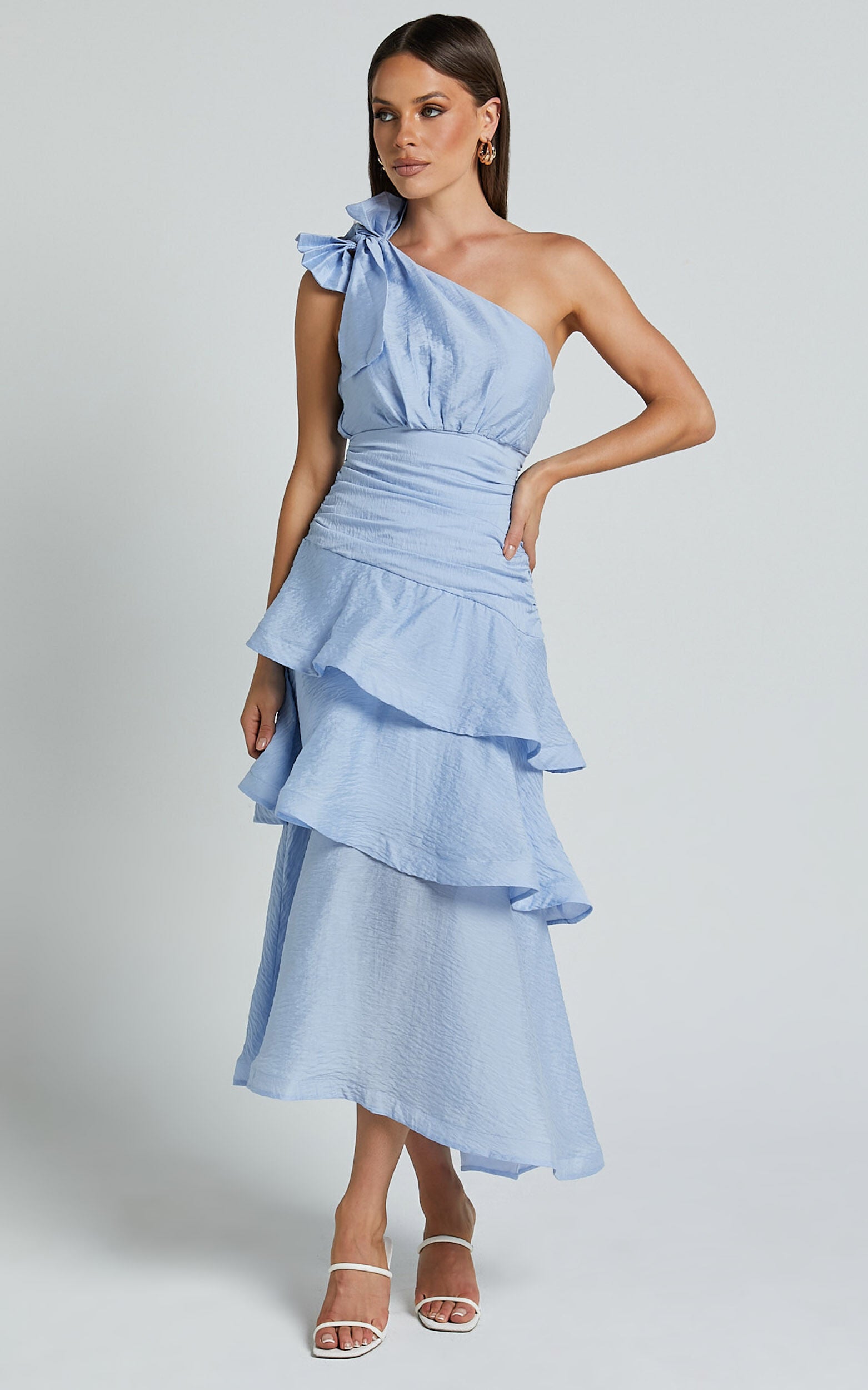 Eugenia Midi Dress - One Shoulder Fit and Flare Layered Dress in Pale Blue