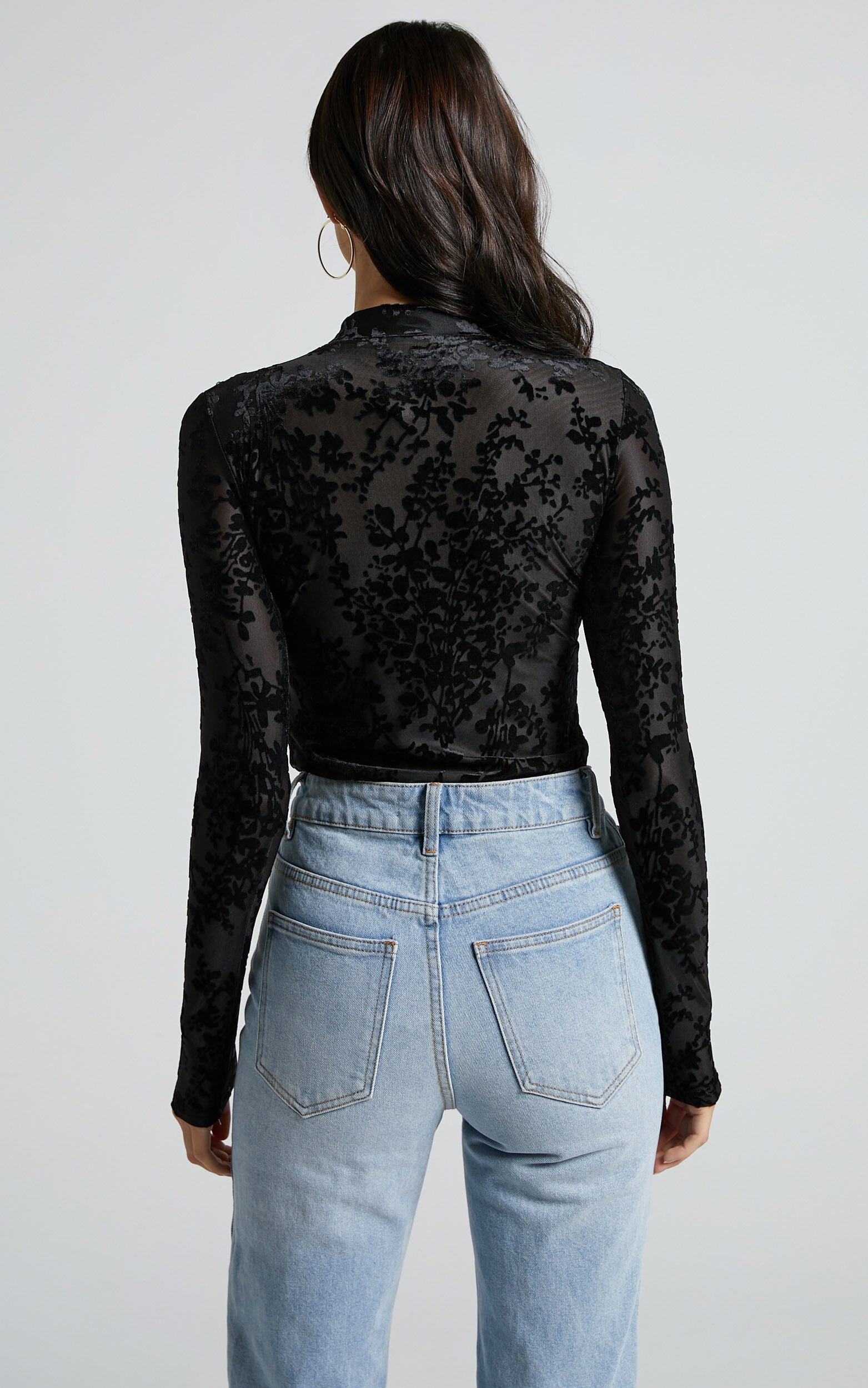 Laura Bodysuit - Longsleeve Velvet Burn Out Bodysuit in Black Floral