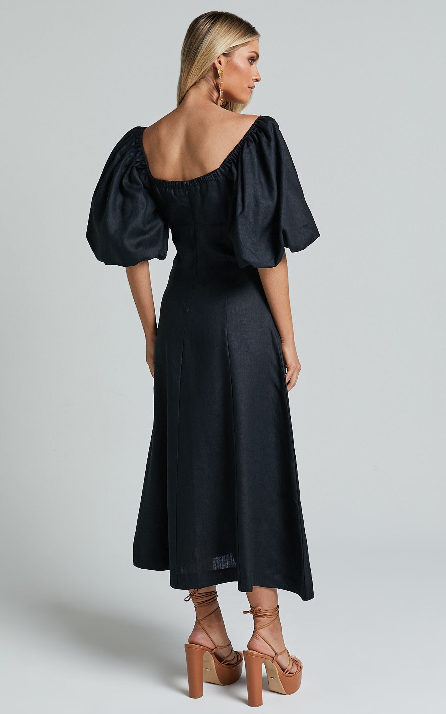 Amalie The Label - Catalina Linen Blend Sweetheart Balloon Sleeve Midi Dress in Black