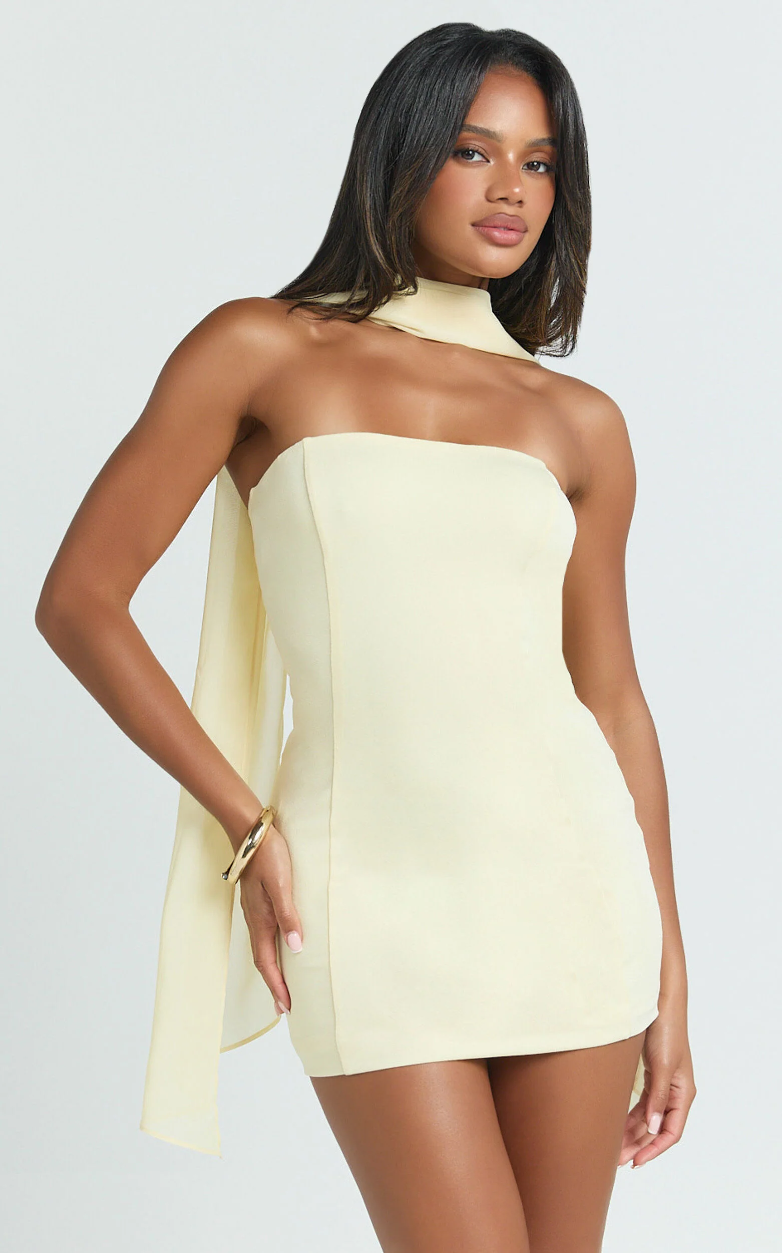 Sophie Mini Dress - Tie Neck Strapless Bodycon Dress in Lemon