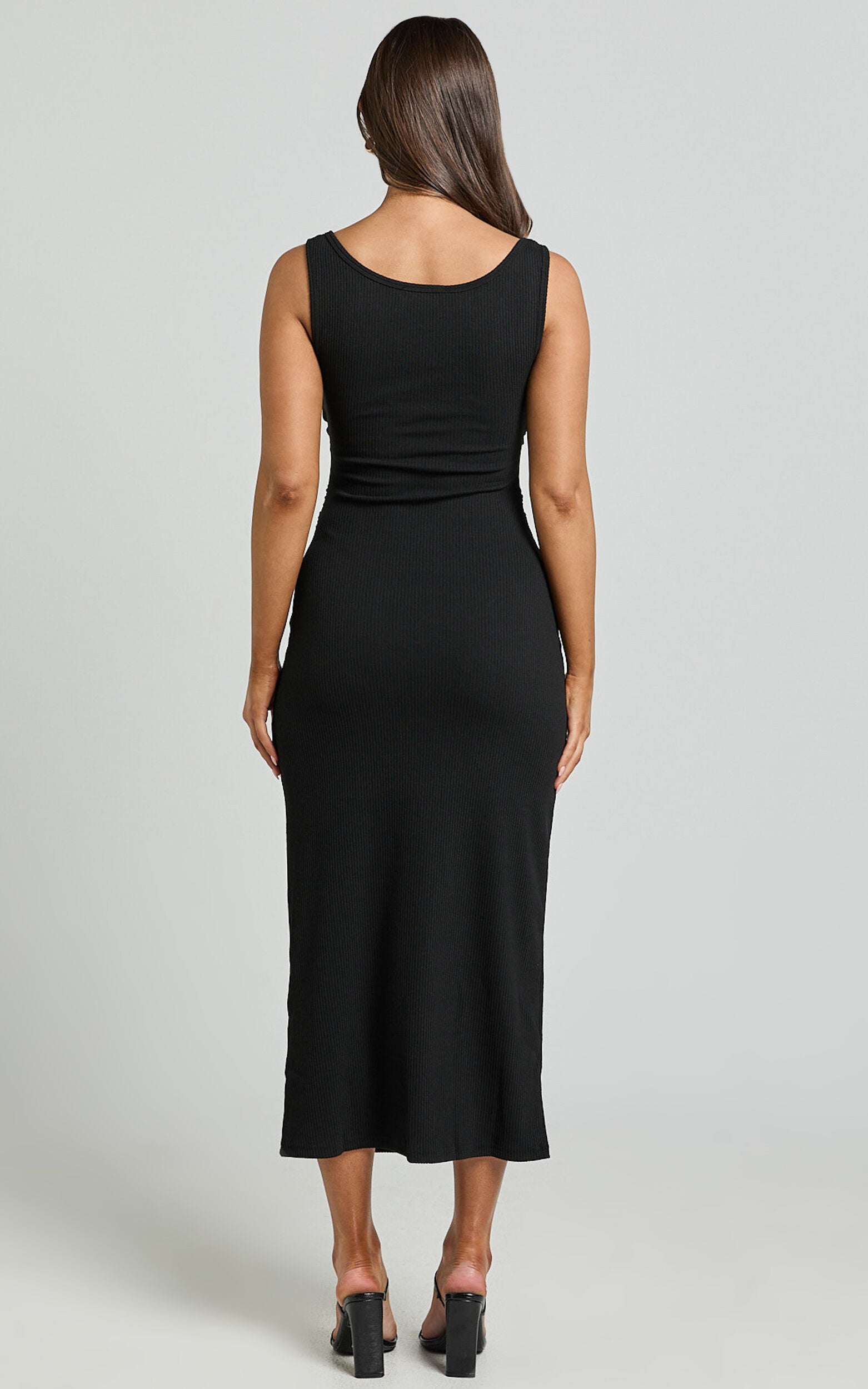 Sarina Midi Dress - Ribbed Scoop Neck Dress in Black