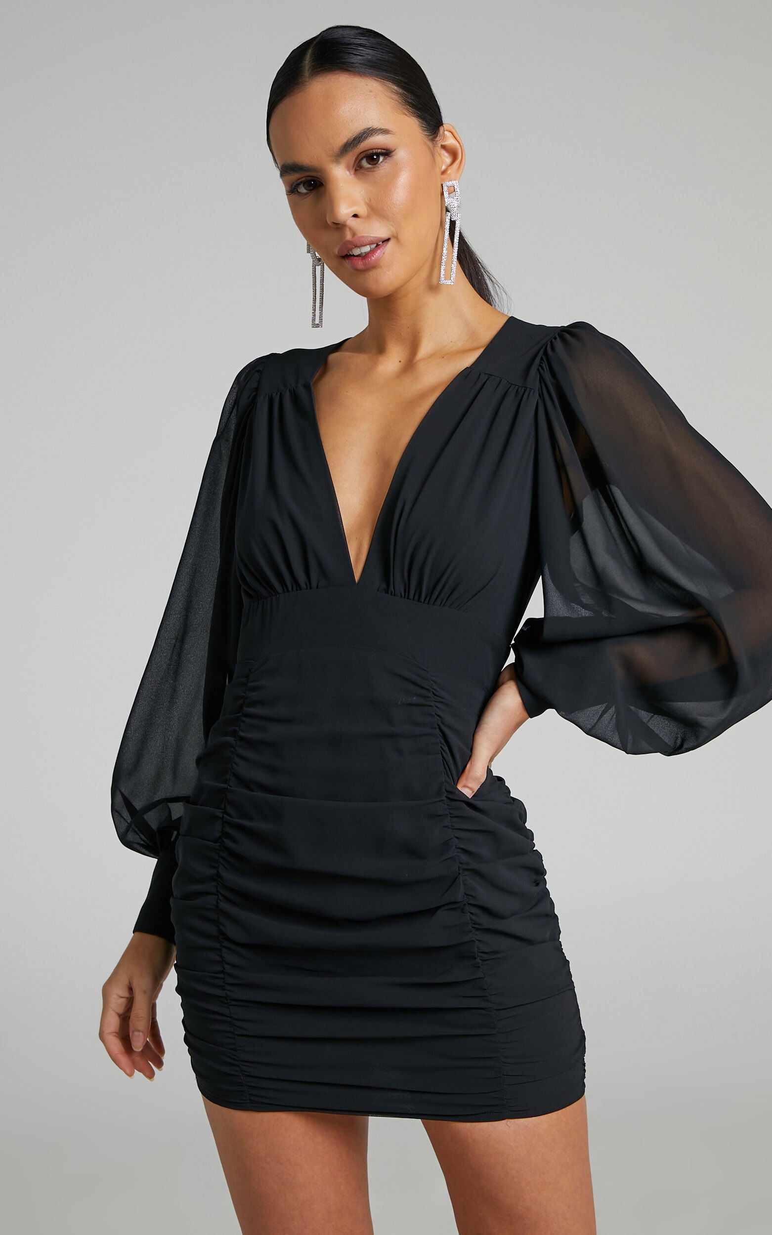 Hollis Mini Dress - Ruched Long Sleeve Plunge Neck Dress in Black