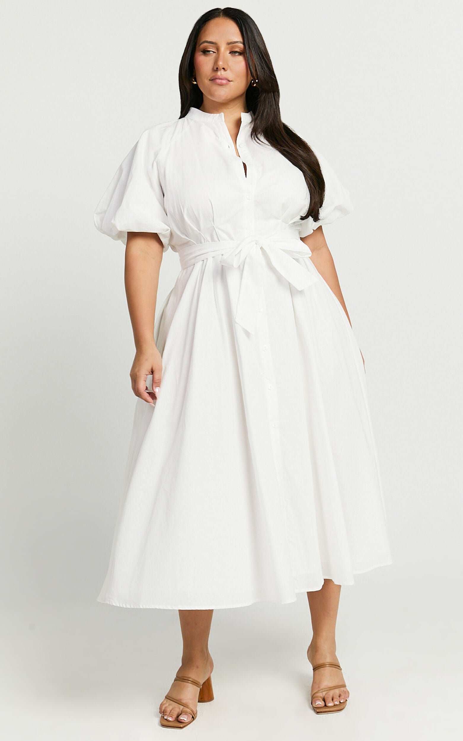 Sabrina Midi Dress - Linen Raglan Sleeve Belted Dress in White