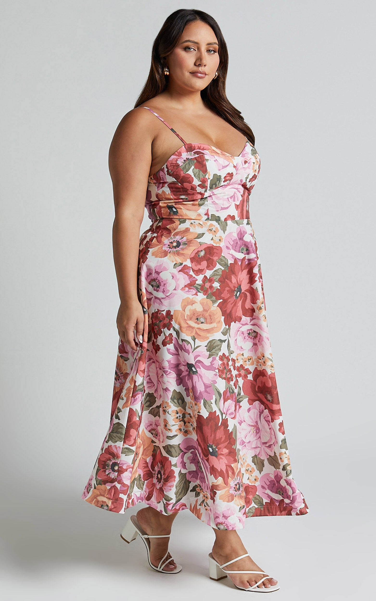 Robertson Midi Dress - Strappy Sweetheart Bustier Flare Dress in Spring Floral