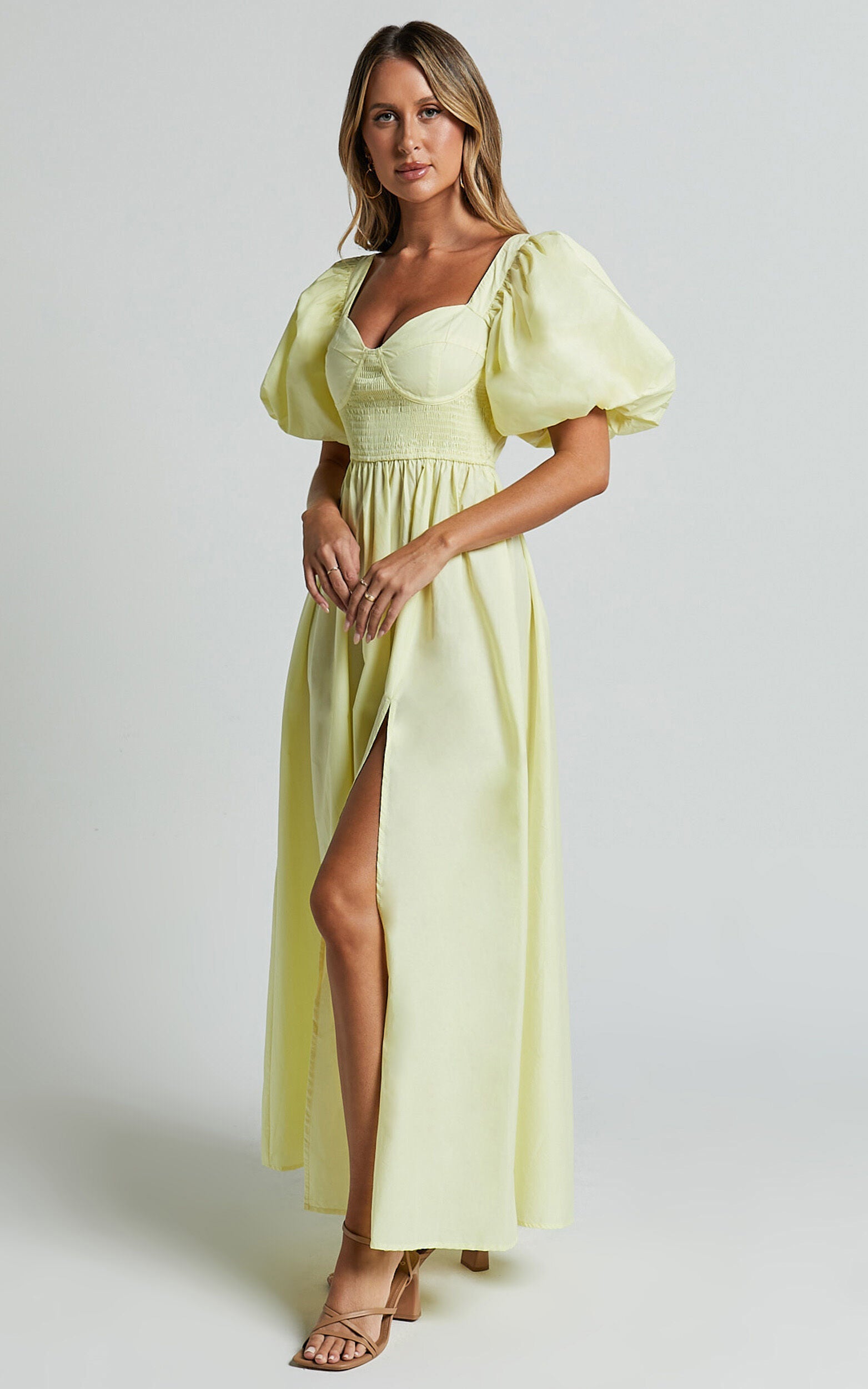 Raiza Midi Dress - Shirred Waist Puff Sleeve Dress in Lemon