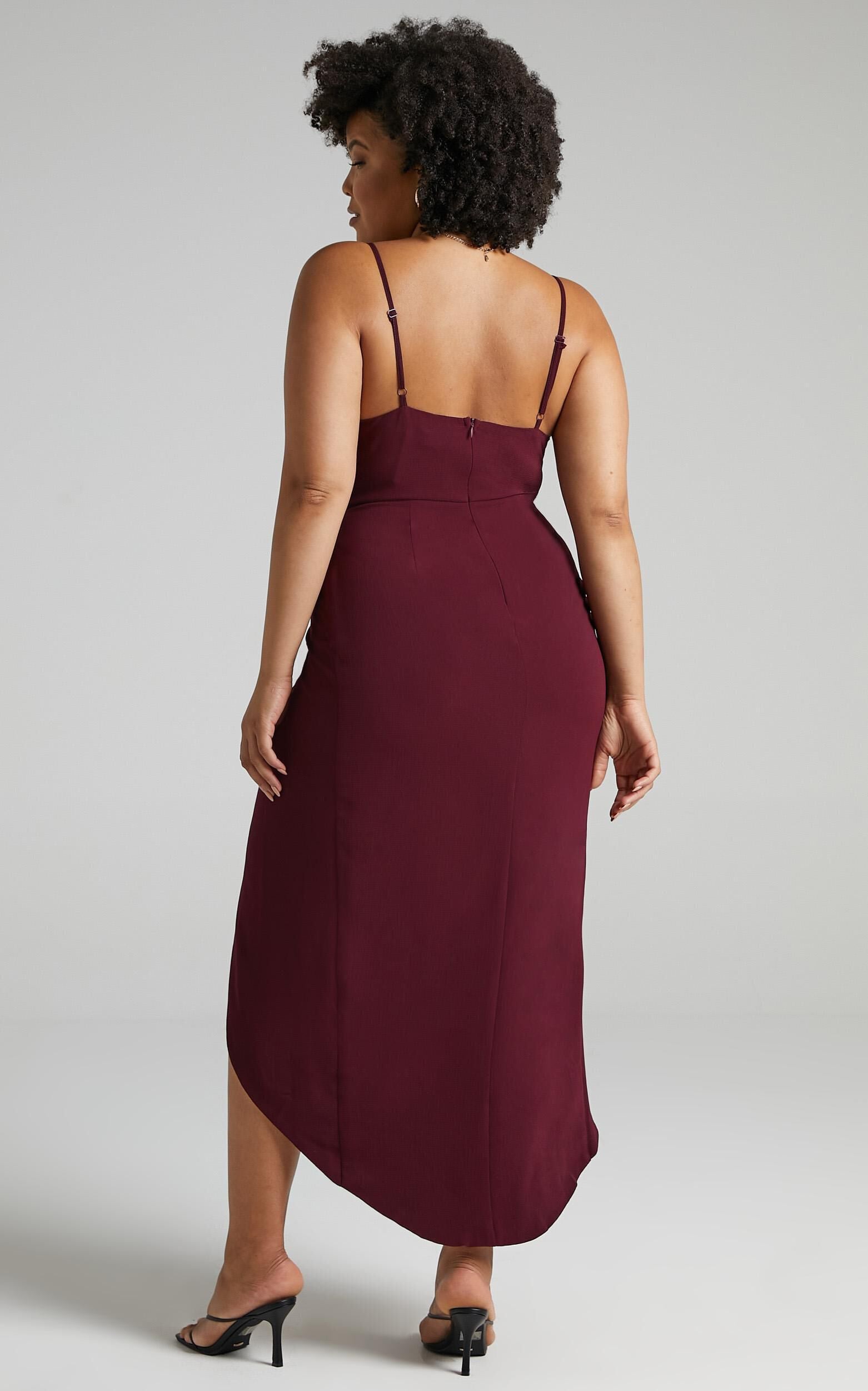 Lucky Day Midi Dress - V Neck Drape Dress in Wine