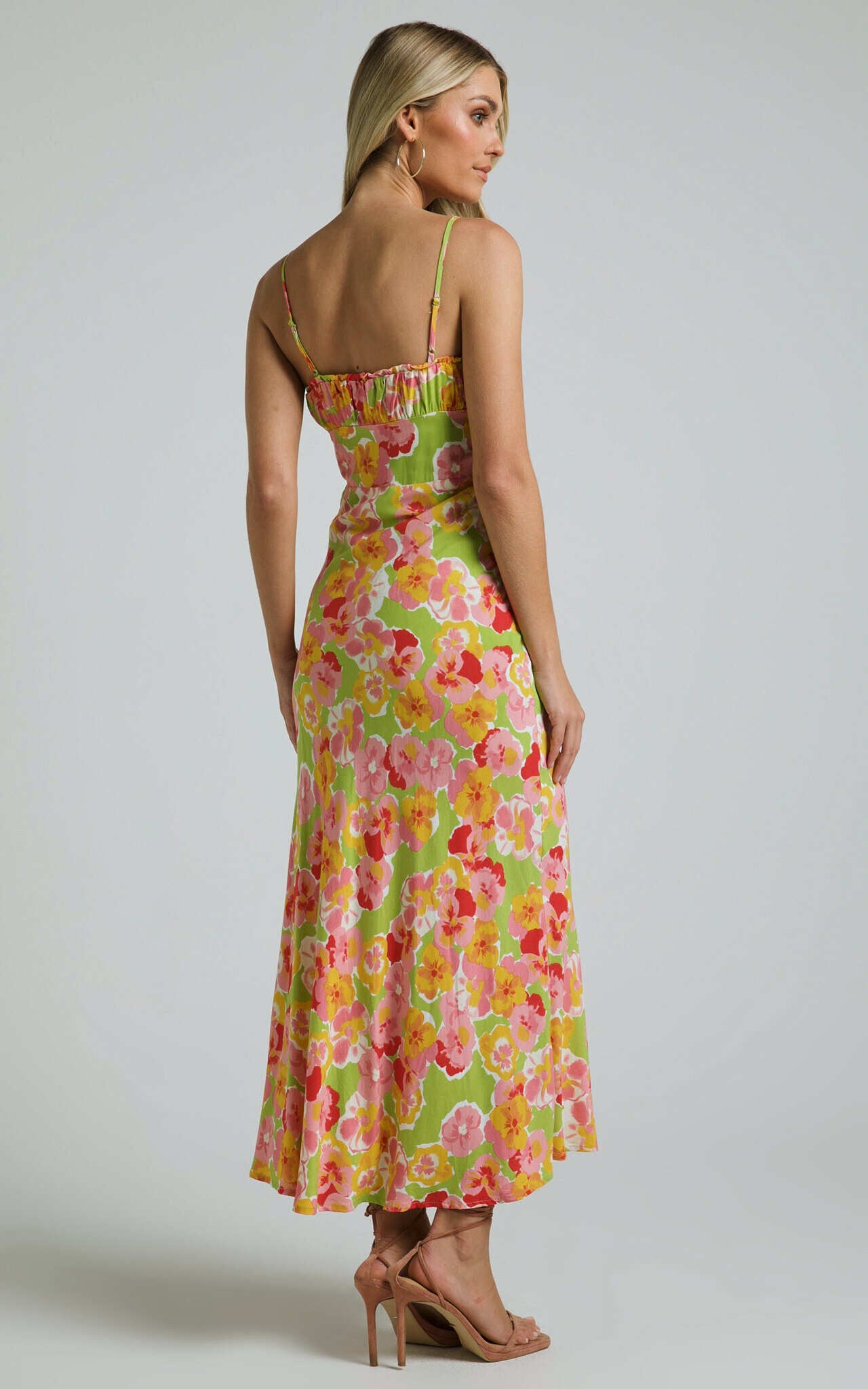 Elmerie Midi Dress - Sleeveless Tie Neck Front Dress in Green Floral Print