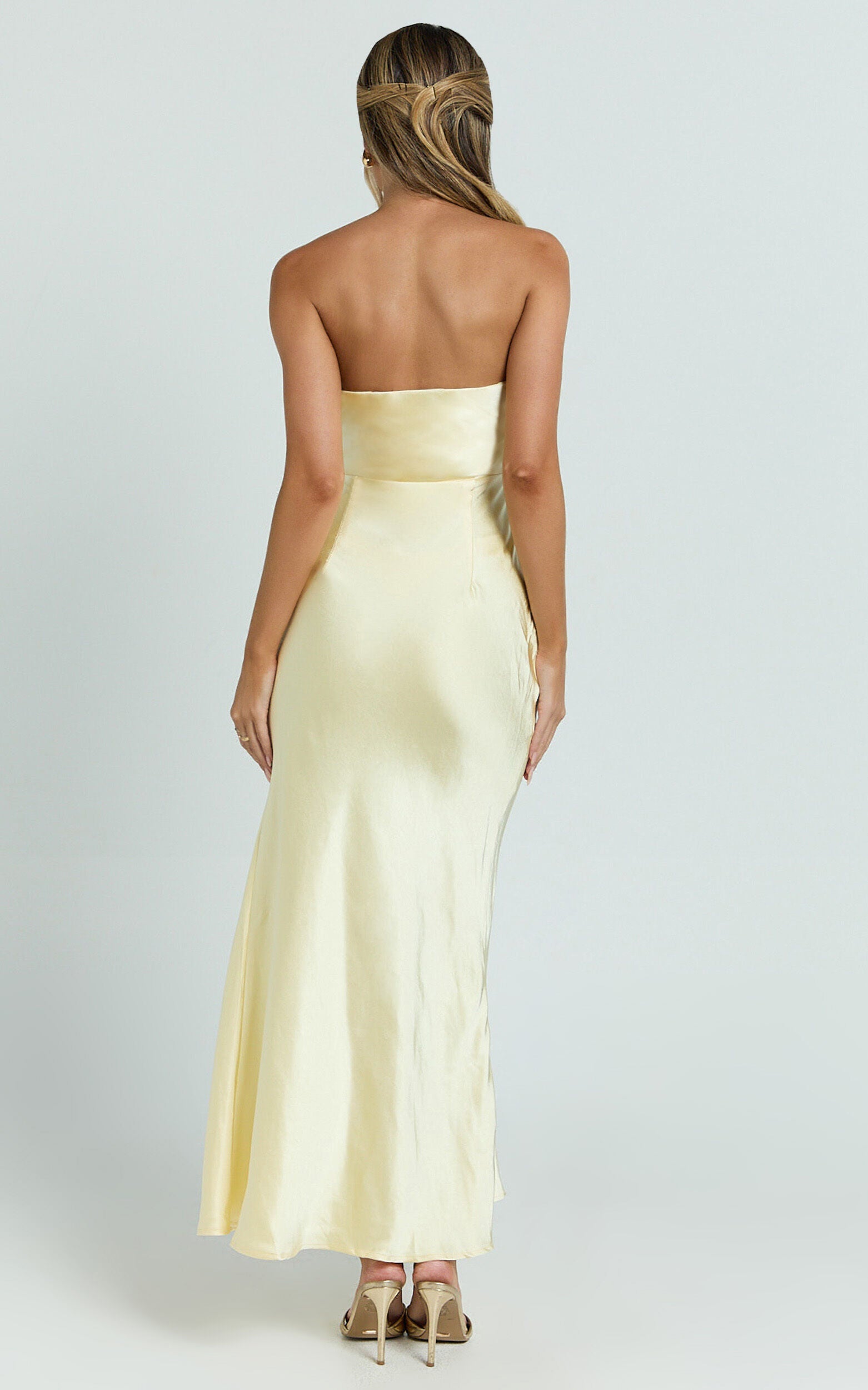Glenda Midi Dress - Satin Strapless Side Split Dress in Lemon