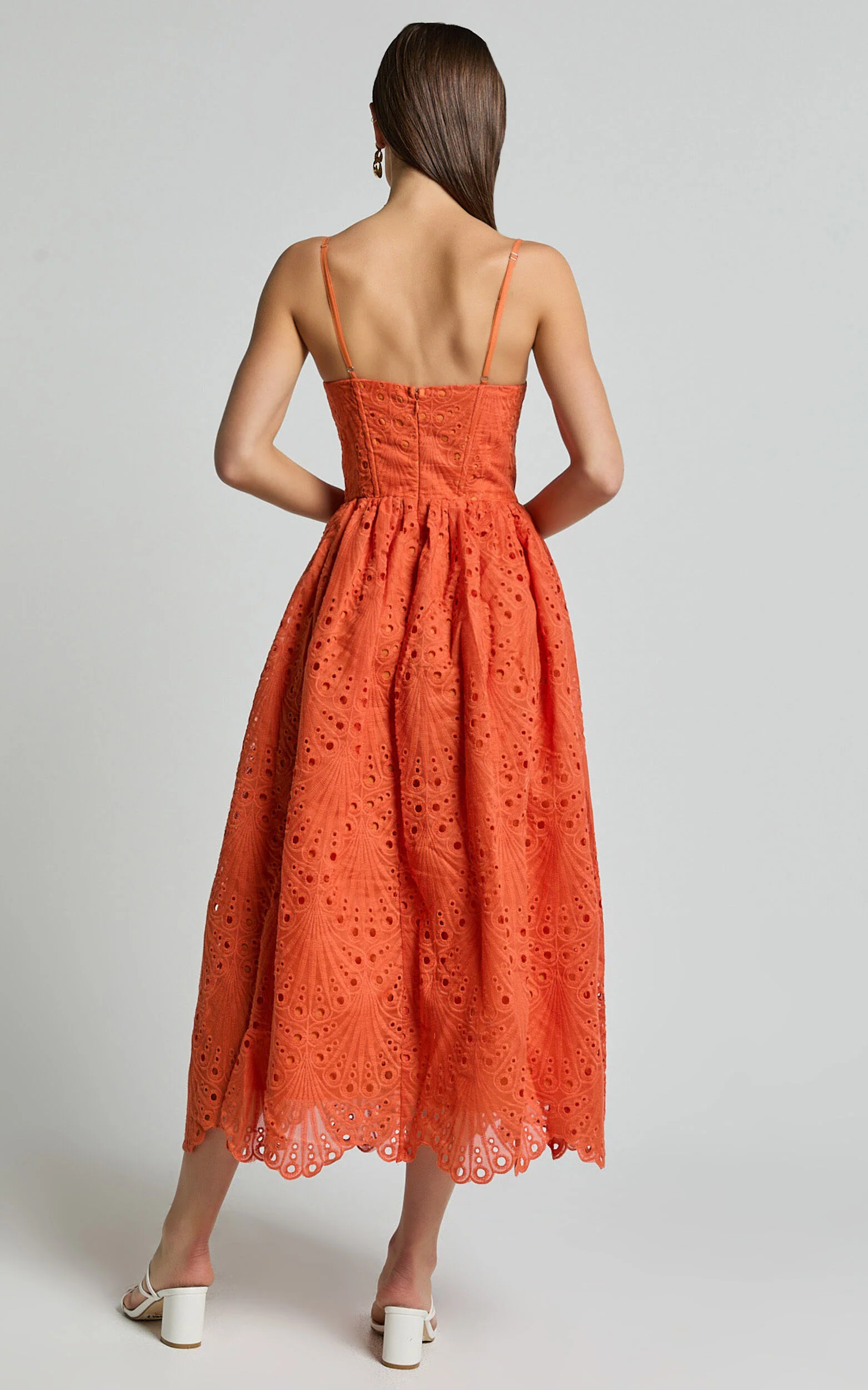 Gabriella Midi Dress - Strappy Gathered Skirt Embroidered Dress in Orange