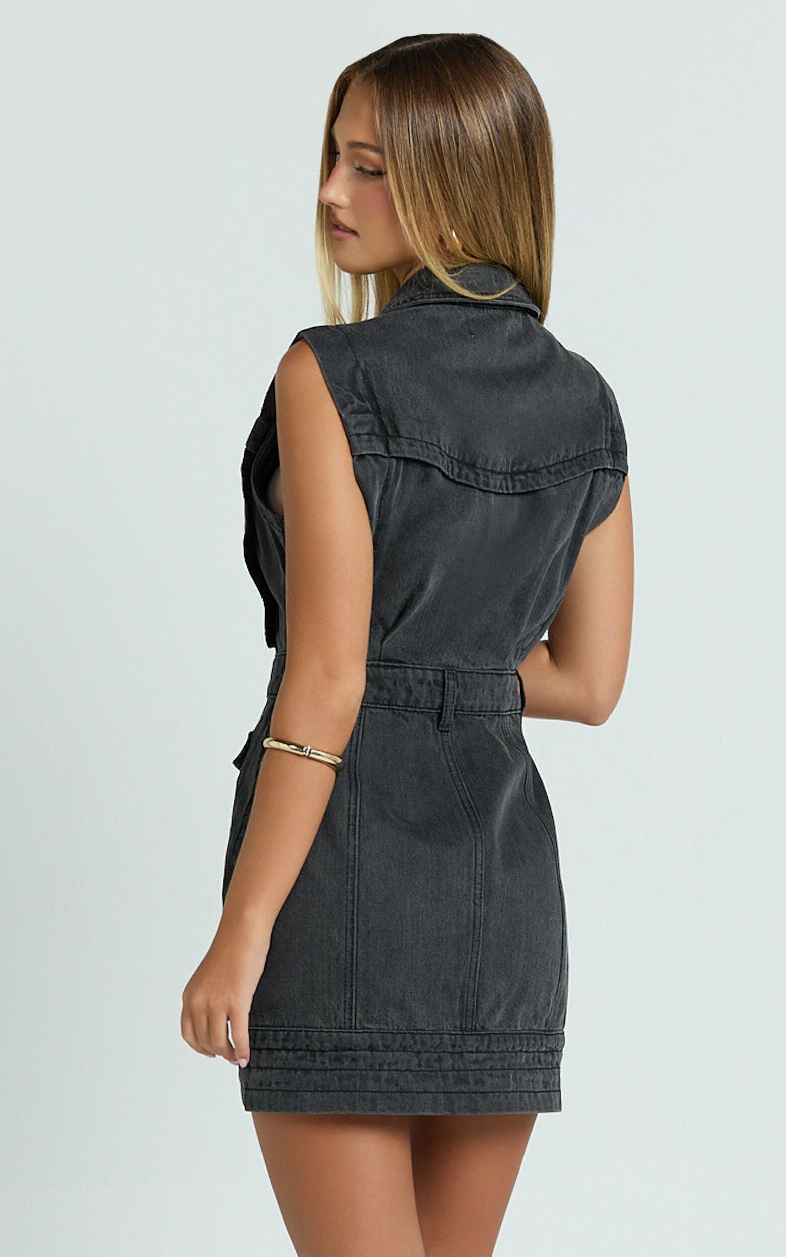 Jasse Mini Dress - Button Through Denim Dress in Washed Black