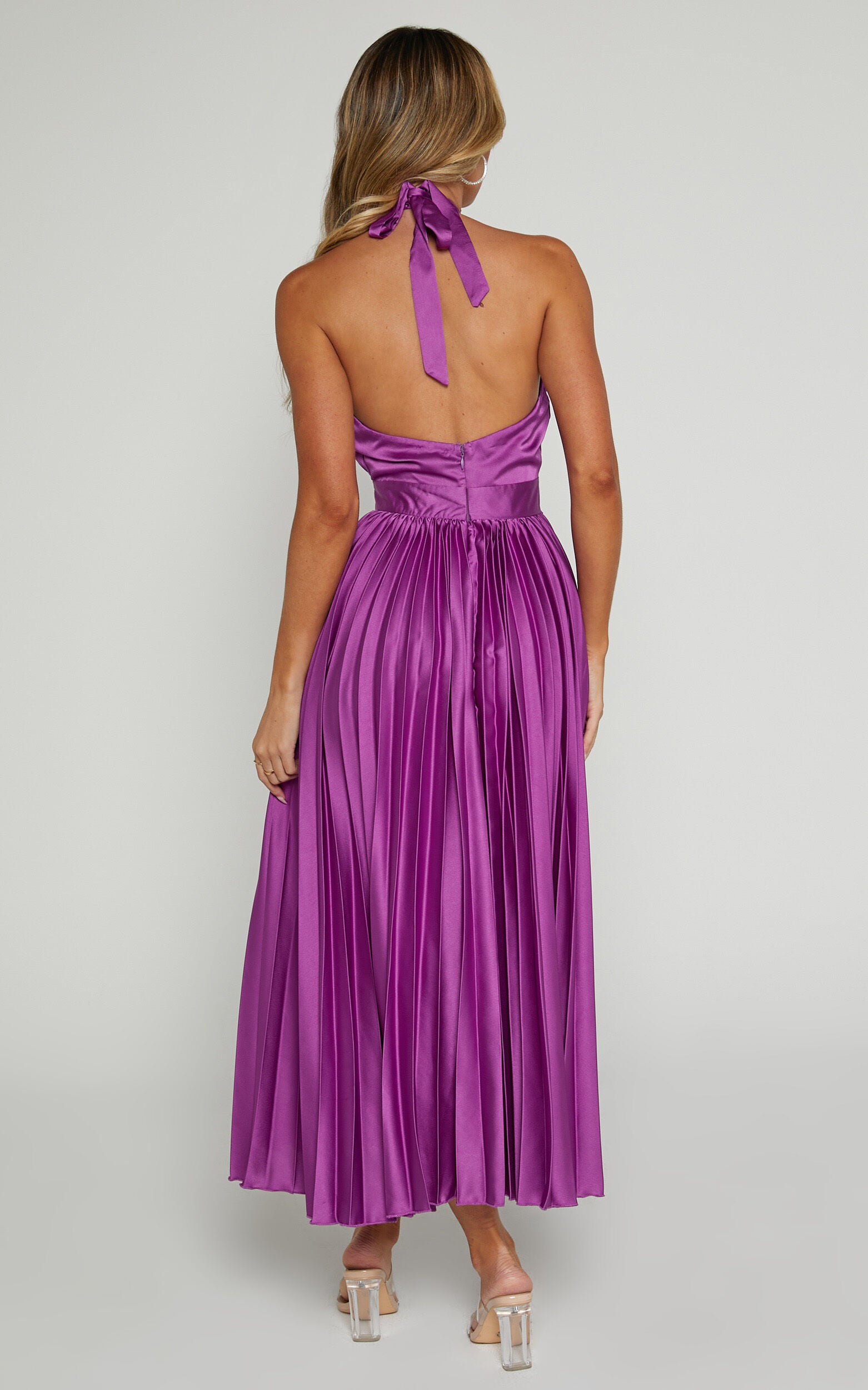 Eloise Midi Dress - Halter Neck Pleated Dress in Grape