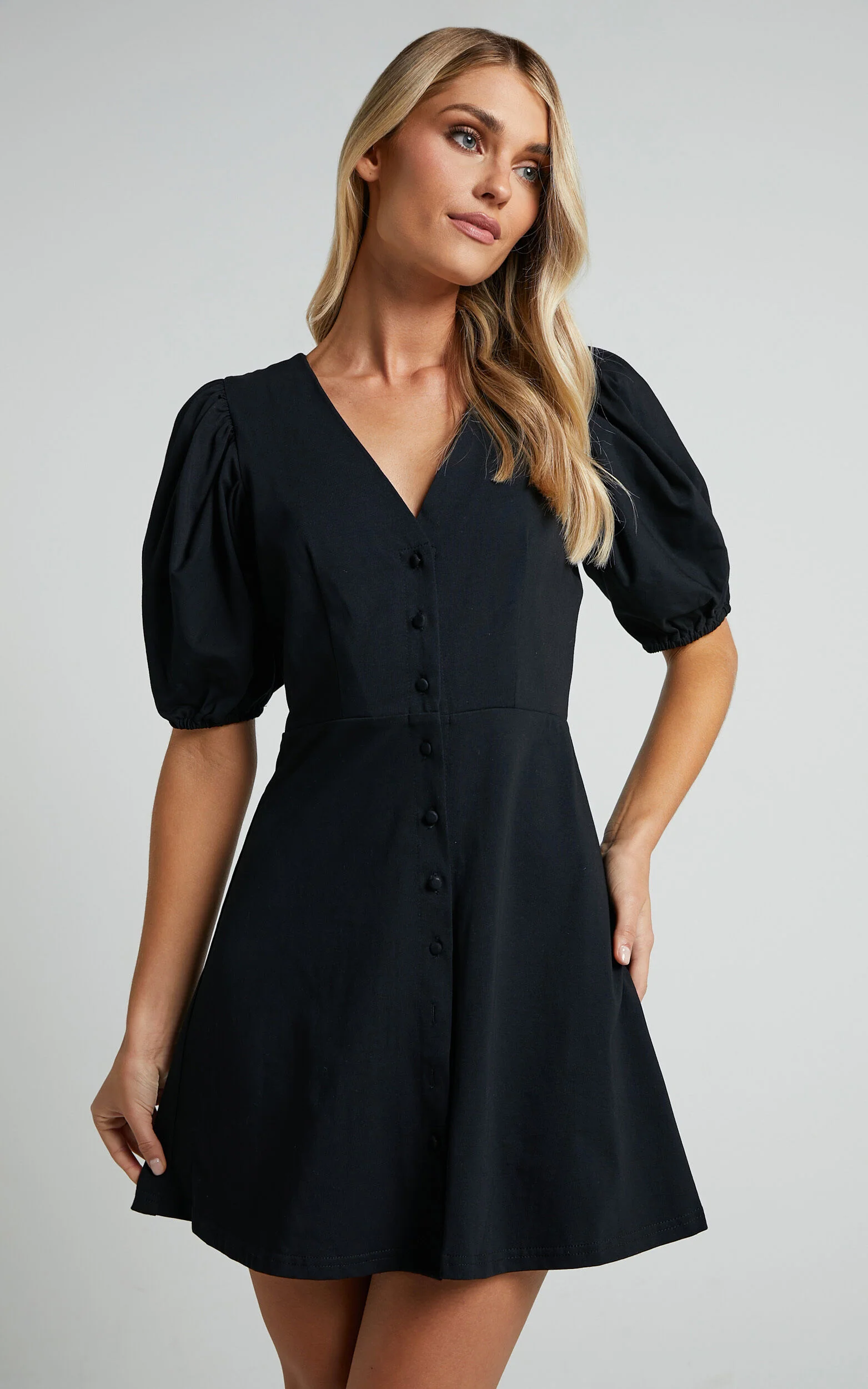 Rochelle Mini Dress - V Neck Button Through Dress in Black
