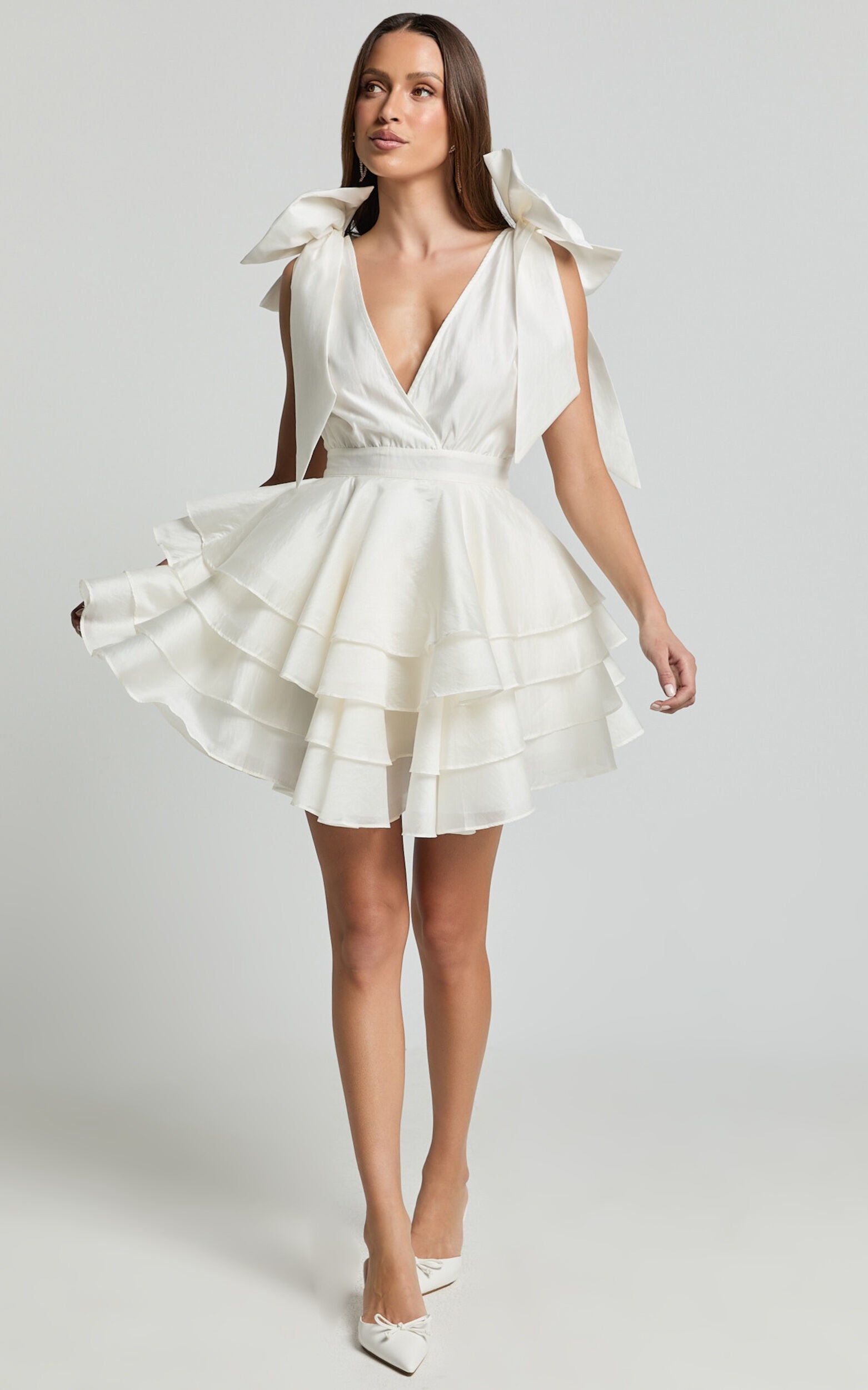 Roxanne Mini Dress - Shoulder Tie Plunge Ruffle Dress in White