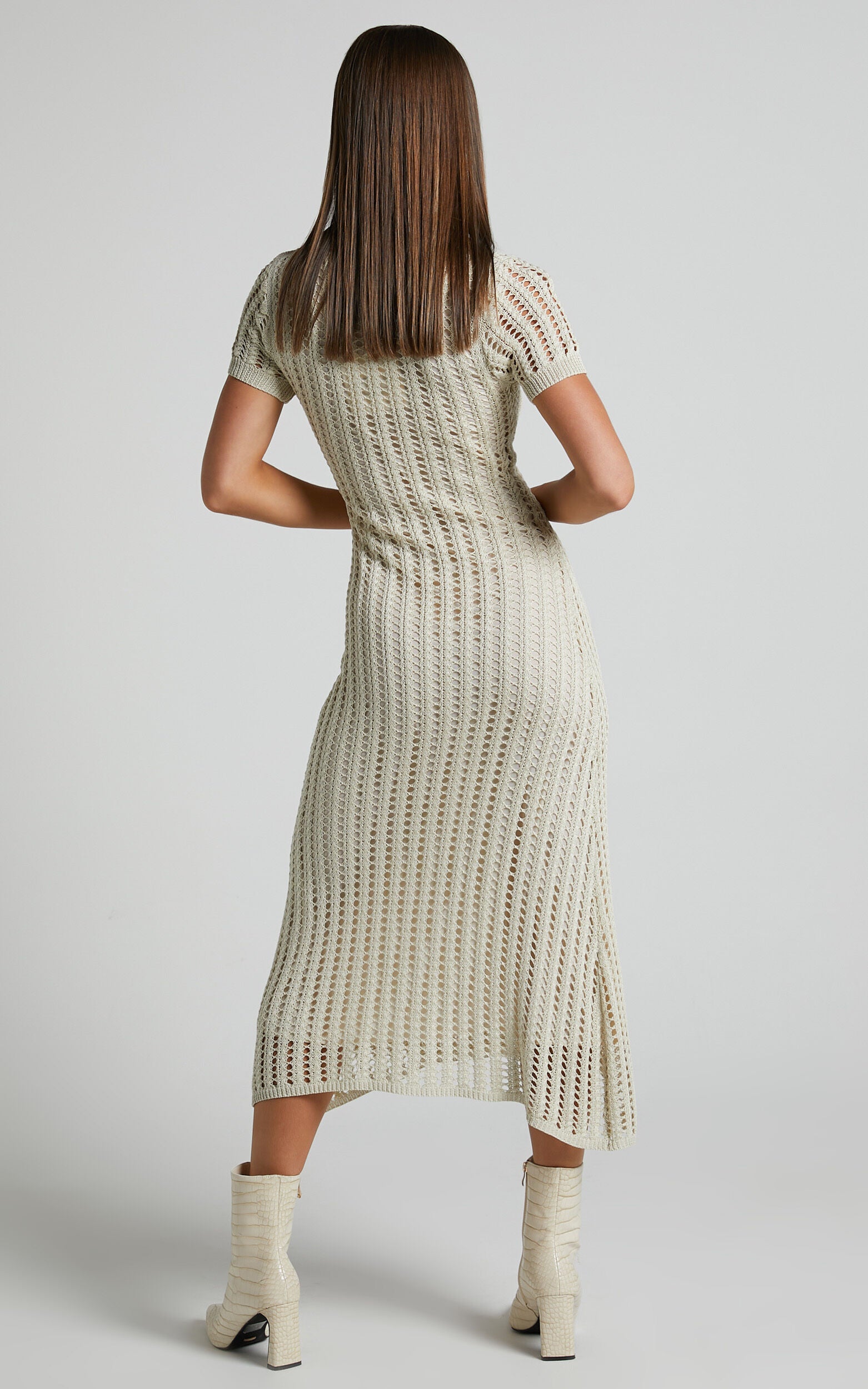Jolie Midi Dress - Crochet Collared Short Sleeve Dress in Cream