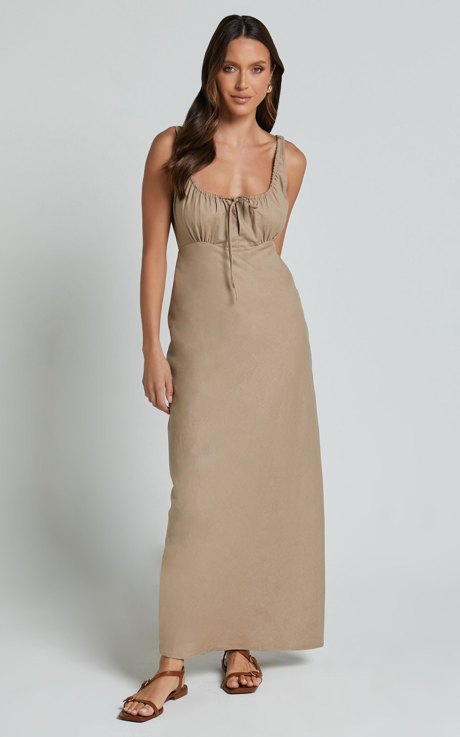 Lucas Midi Dress - Ruched Bust Linen Dress in Tobacco