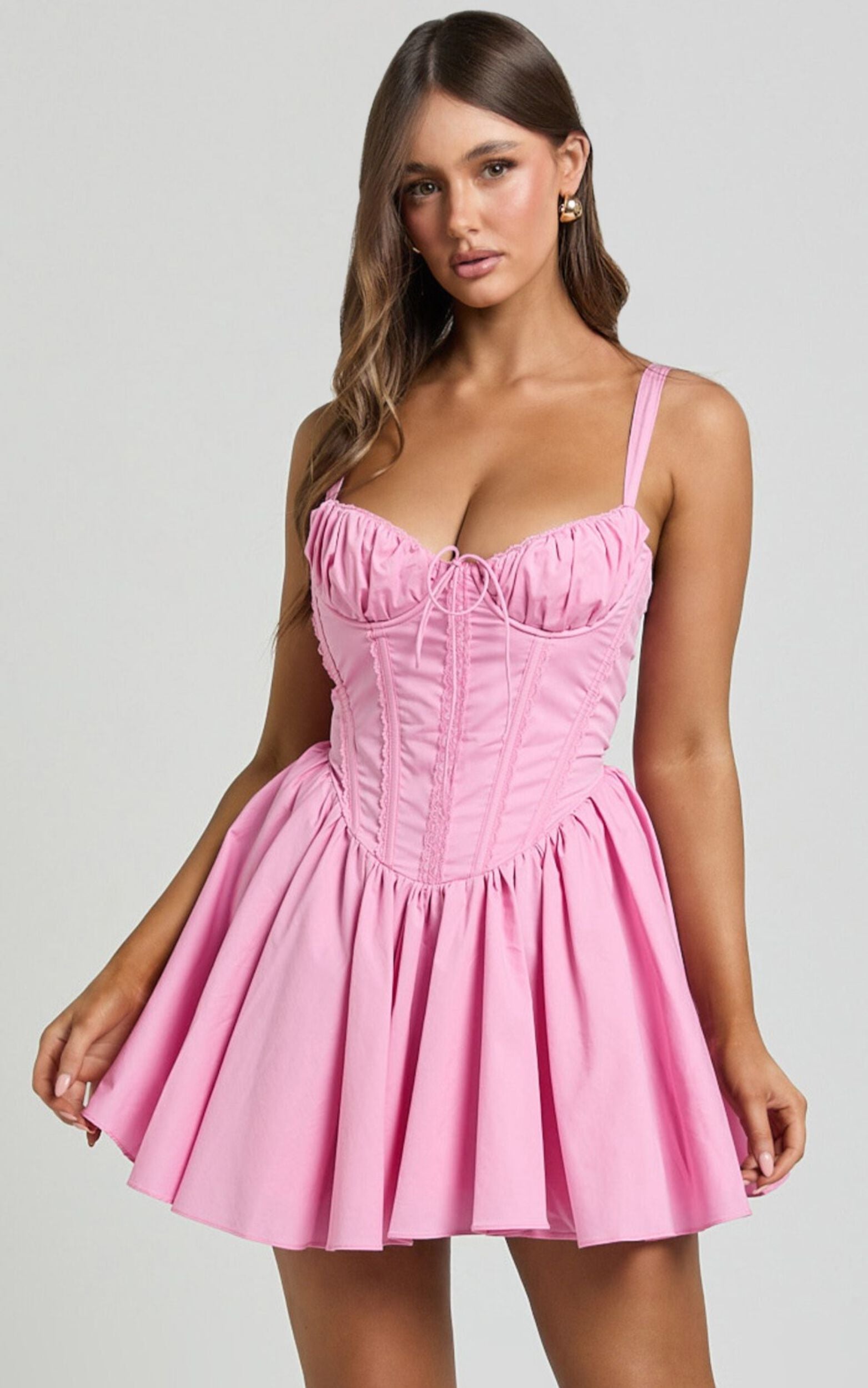 Jenna Mini Dress - Corset Lace Trim Flared Dress in Musk Pink