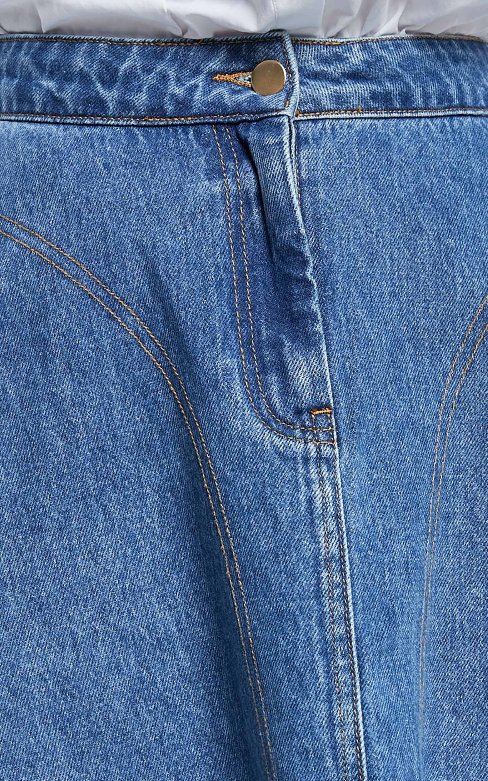 Koemi Skirt - High Waisted Denim Flare in Mid Blue Wash