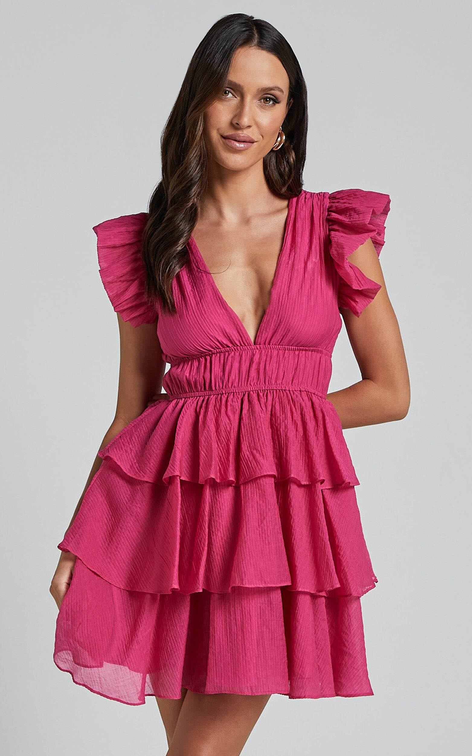 Elbertine Mini Dress - Flutter Sleeve Pleated Dress in Hot Pink