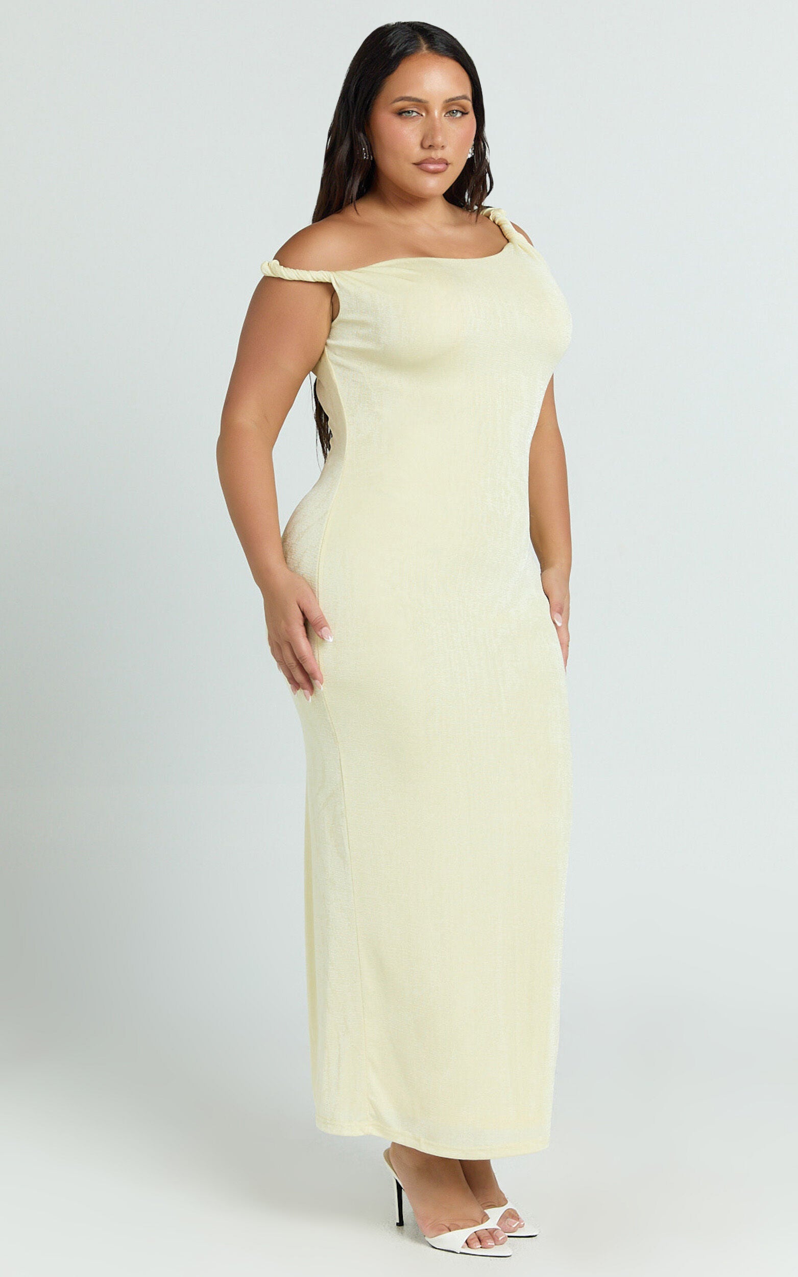 Isabel Midi Dress - Twist Off Shoulder Bodycon Dress in Lemon