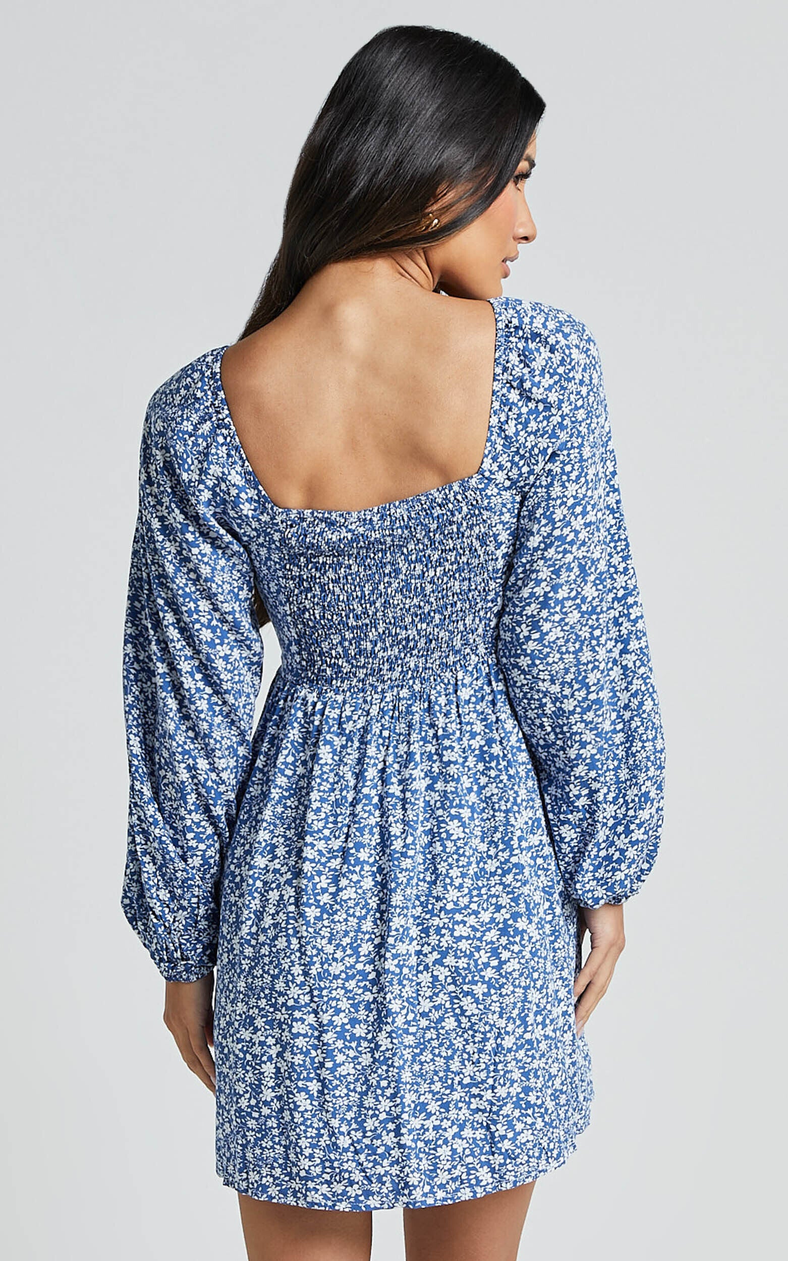 Ellison Mini Dress - 3/4 Sleeve Twist Bodice Dress in Blue Floral