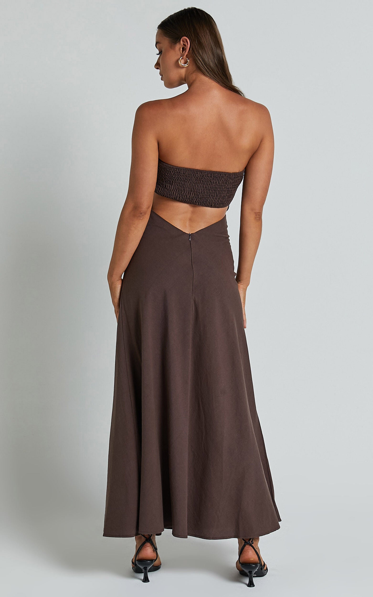 Elerie Maxi Linen Dress - Strapless Linen Dress in Chocolate