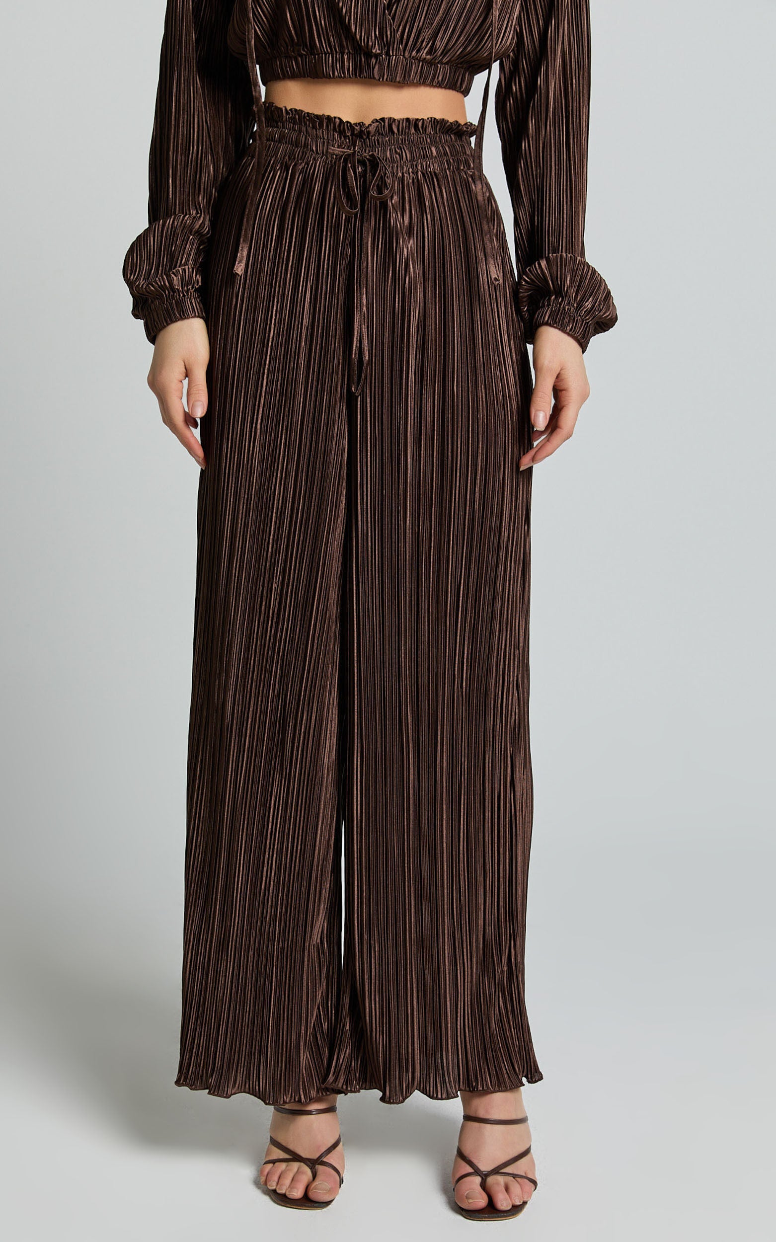 Kallie Pants - High Waist Drawstring Plisse Pants in Chocolate