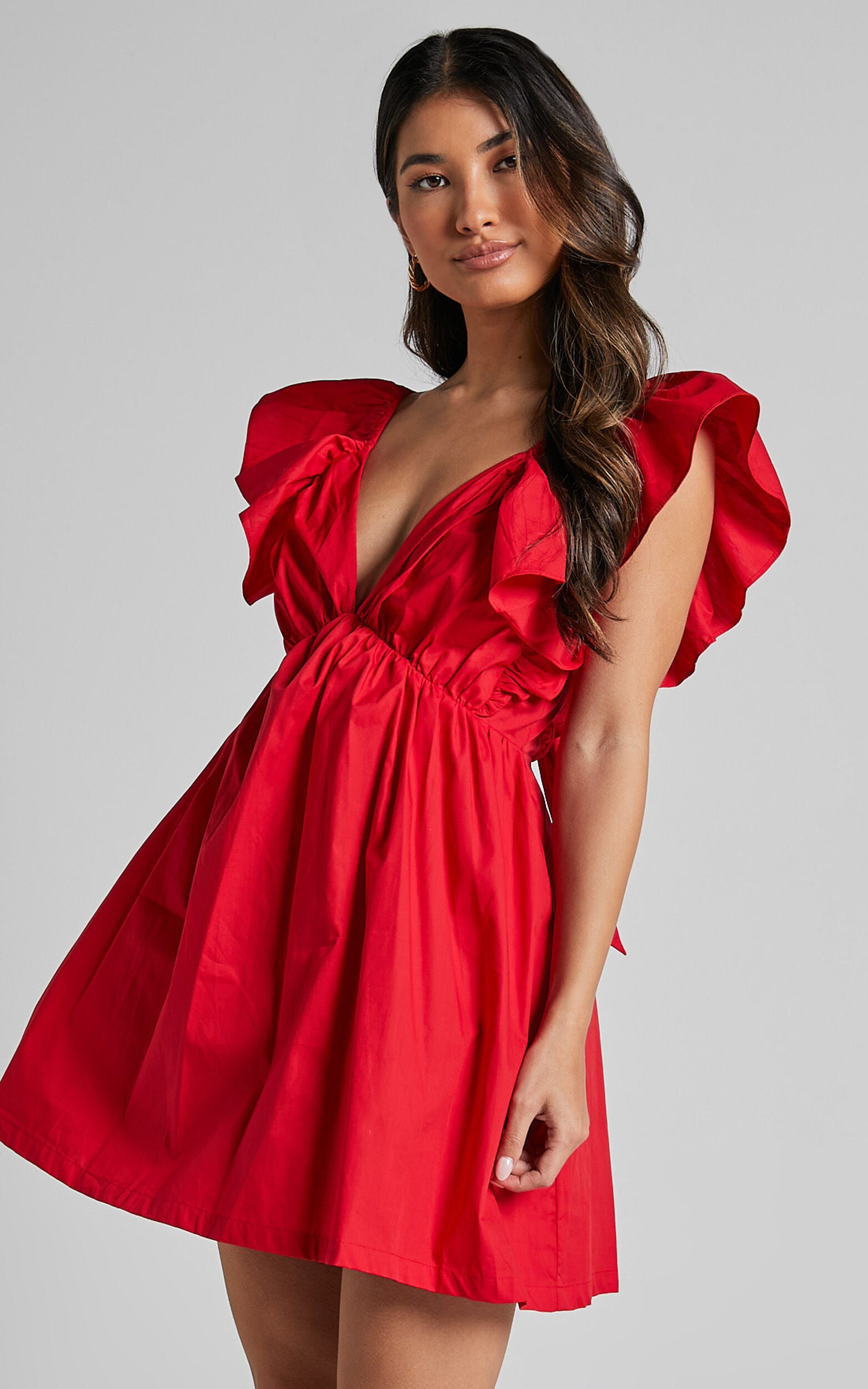 Raiza Mini Dress - Ruffle Sleeve Tie Back Plunge Dress in Red
