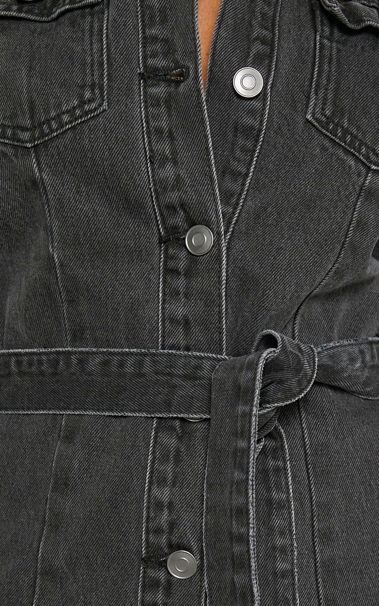 Enriquetta Mini Dress - Cotton Denim Long Sleeve Button Up Dress in Washed Black