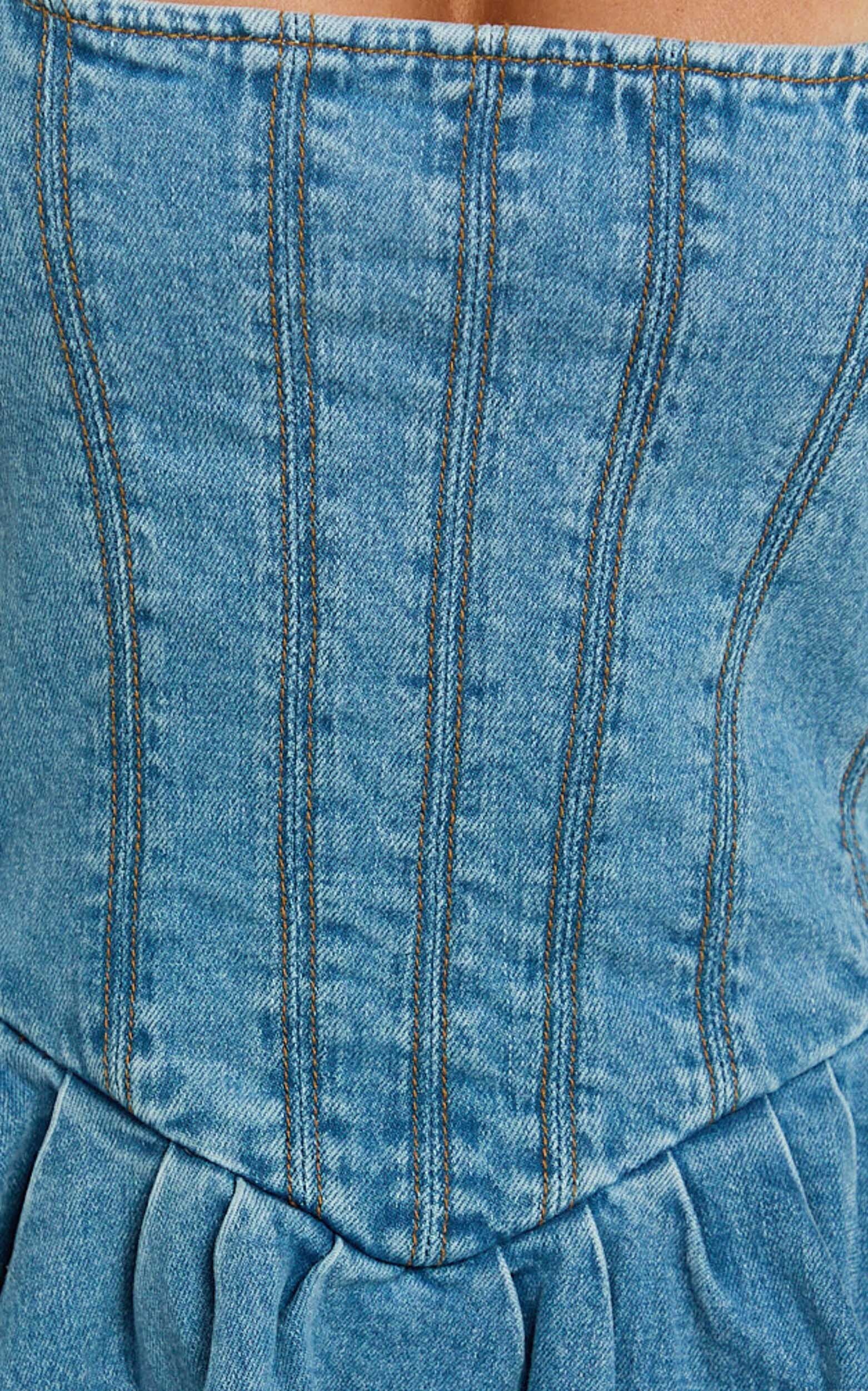 Hayes Mini Dress - Halter Neck Corset Bodice Dress in Mid Blue Wash