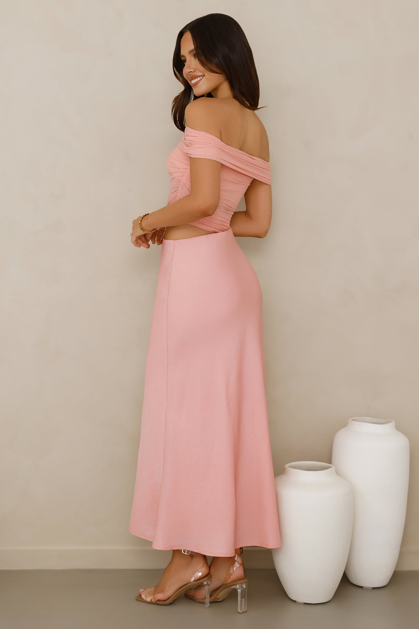 Velvet Sky Off Shoulder Mesh Maxi Dress Pink