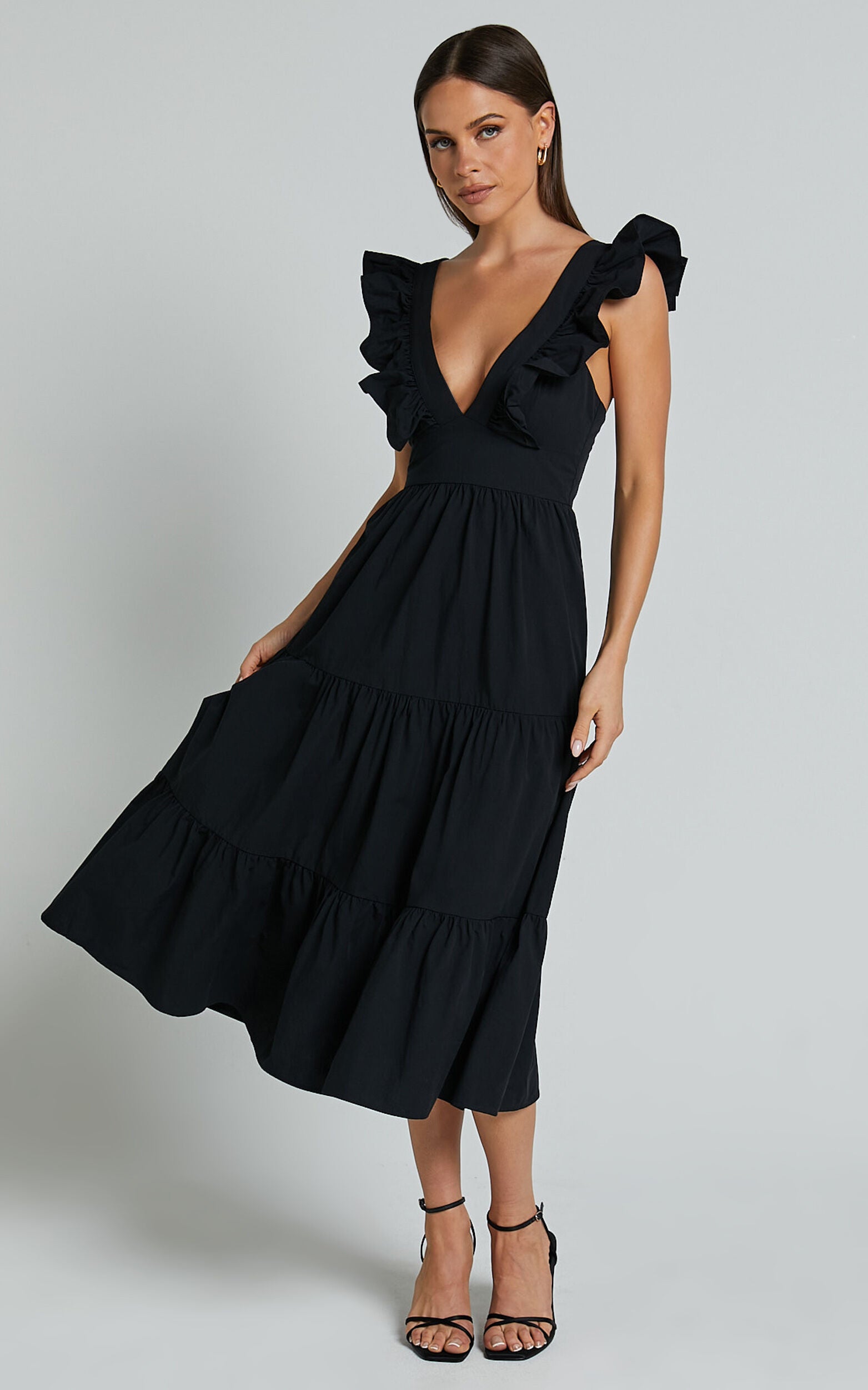Levona Midi Dress - Ruffle Shoulder Tiered Dress in Black