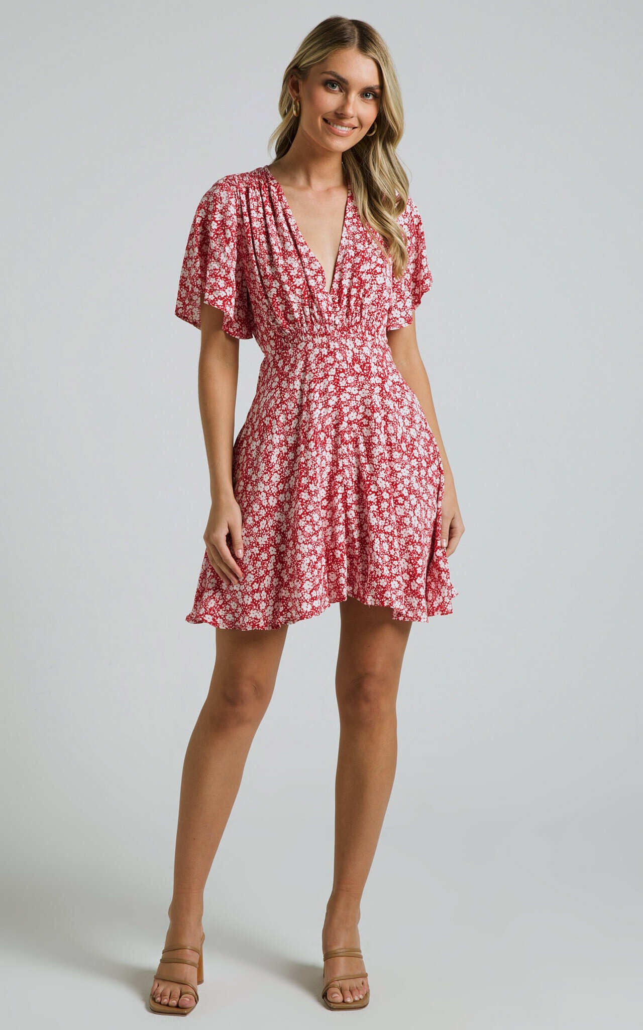 Kharry Mini Dress - Button Through Short Flutter Sleeve Waist Tie in Red Floral