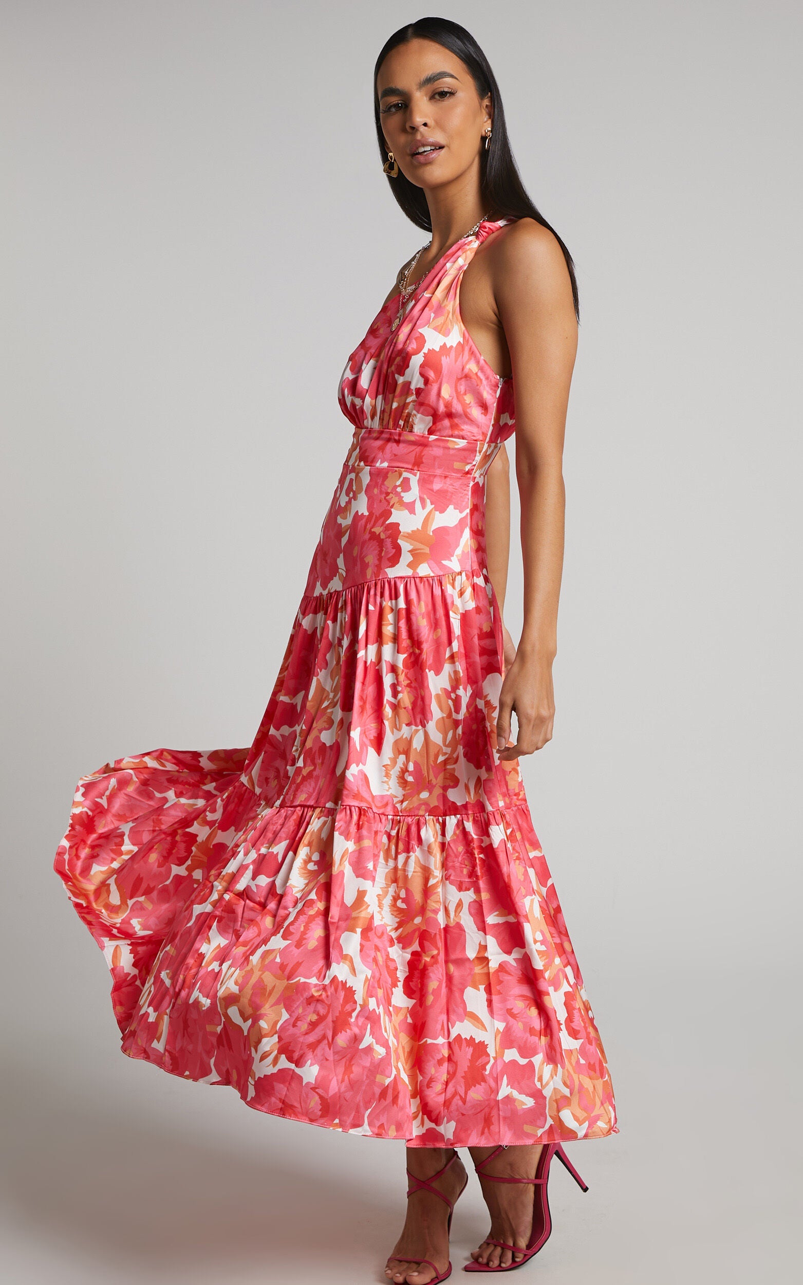 Georgine Midi Dress - One Shoulder Ruched Tiered Dress in Peony Blossom