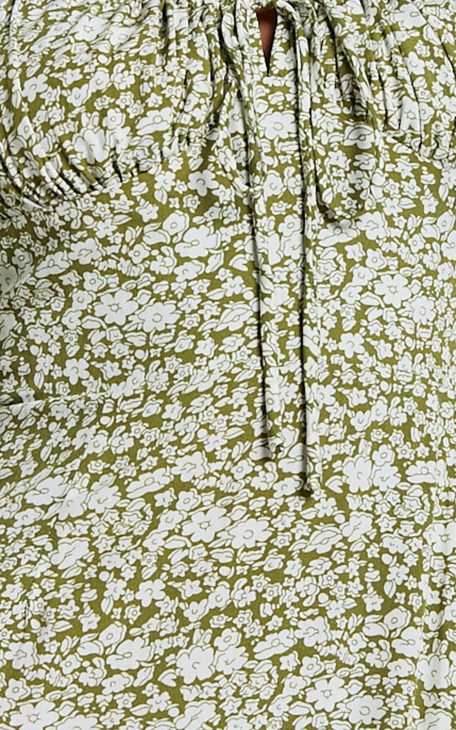 Rosario Midi Dress - Ruched Bust Puff Sleeve Dress in Olive Floral