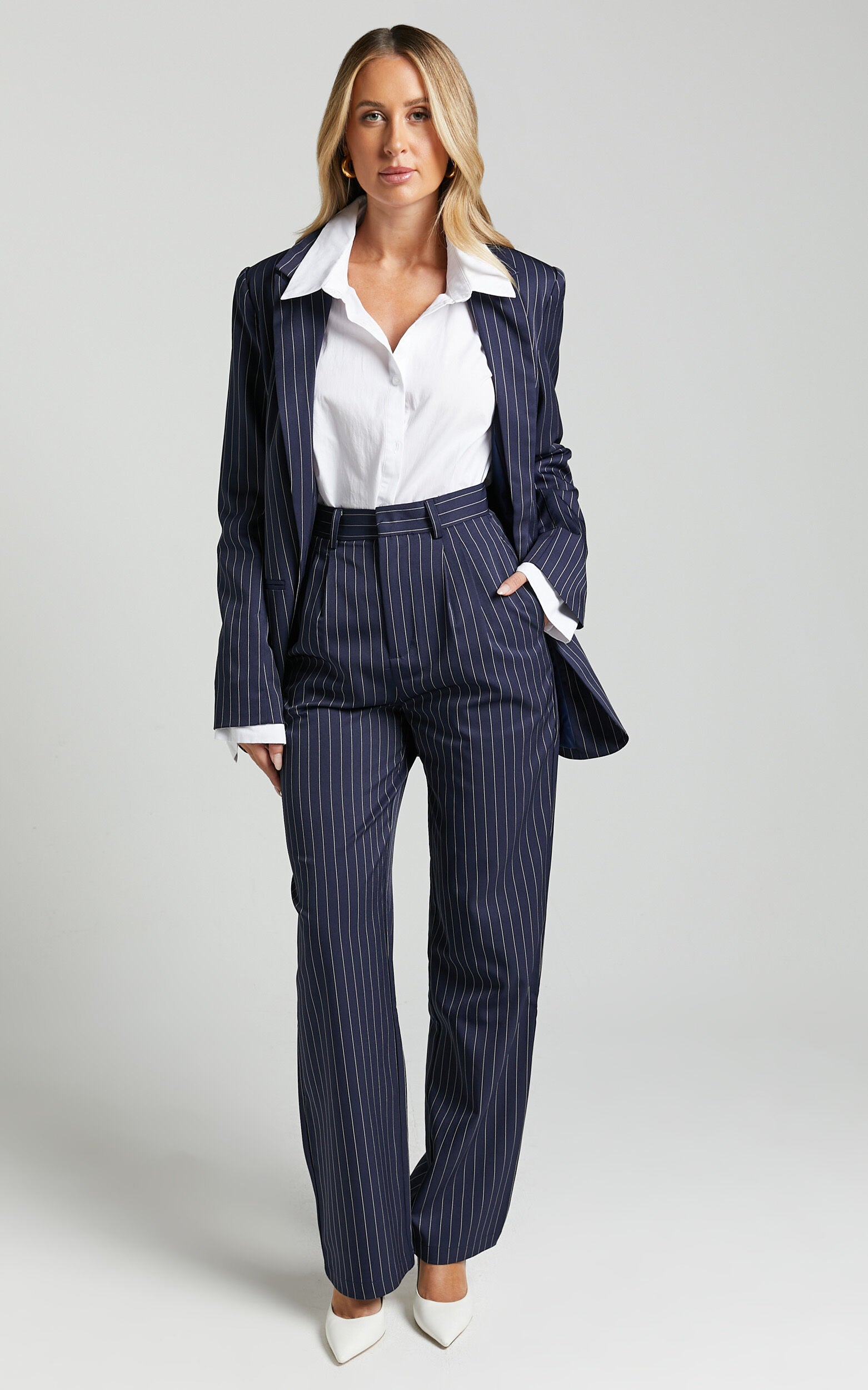 Iyah Pants - High Waisted Tailored Pants in Navy Pinstripe