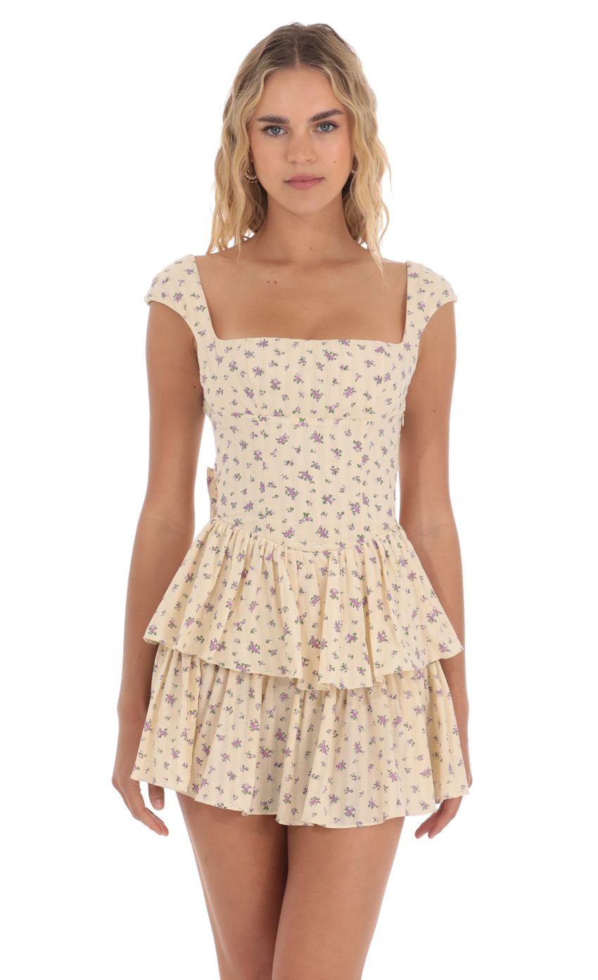 Floral Ruffle Capped Sleeve Dress in Yellow