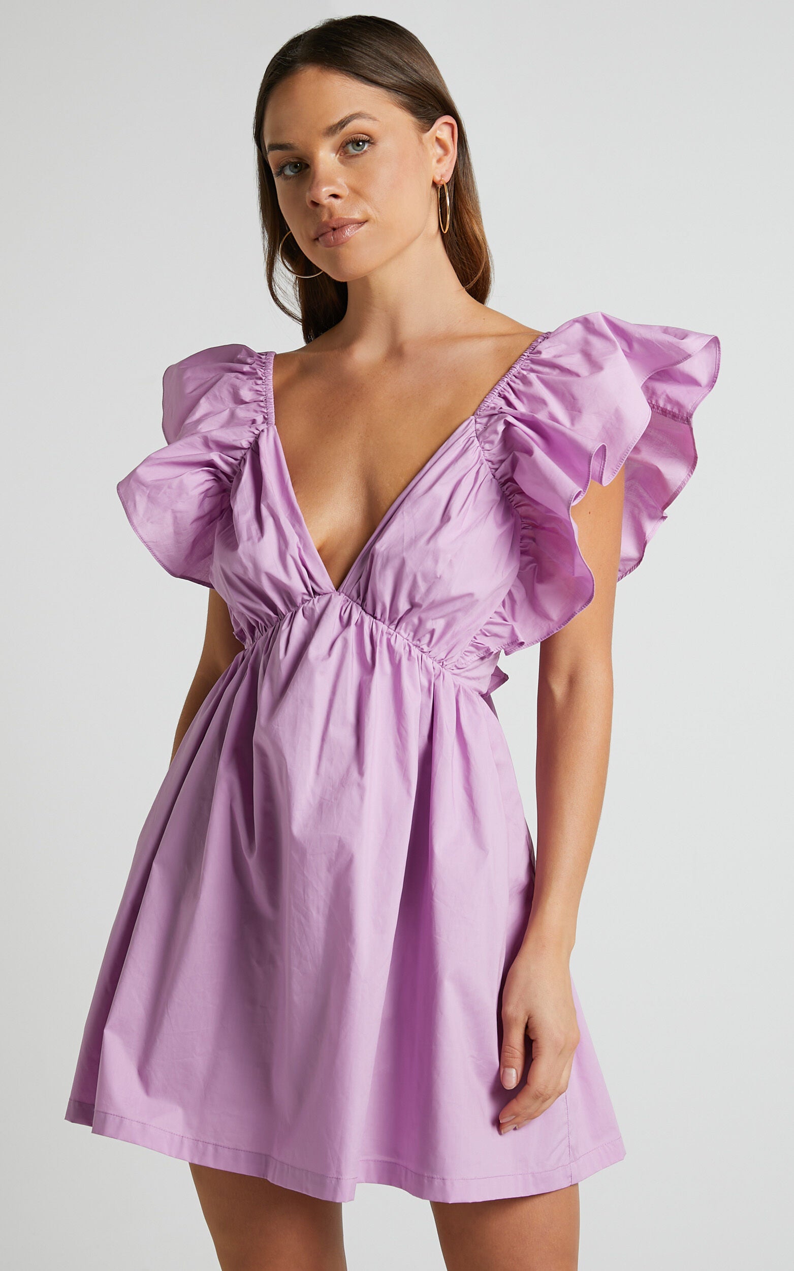 Raiza Mini Dress - Ruffle Sleeve Tie Back Plunge Dress in Lilac