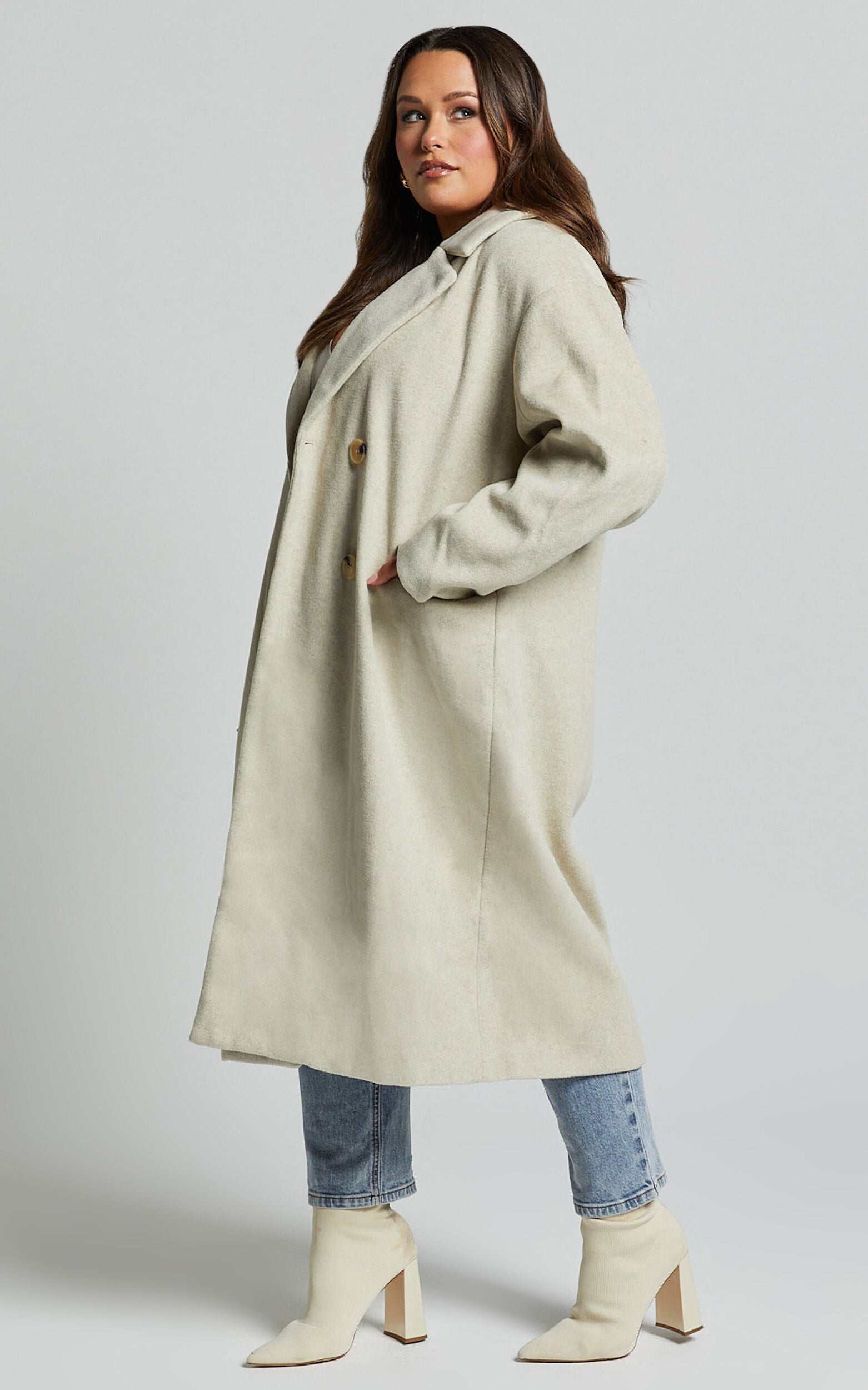 Libee Coat - Double Breasted Longline Coat in Oatmeal